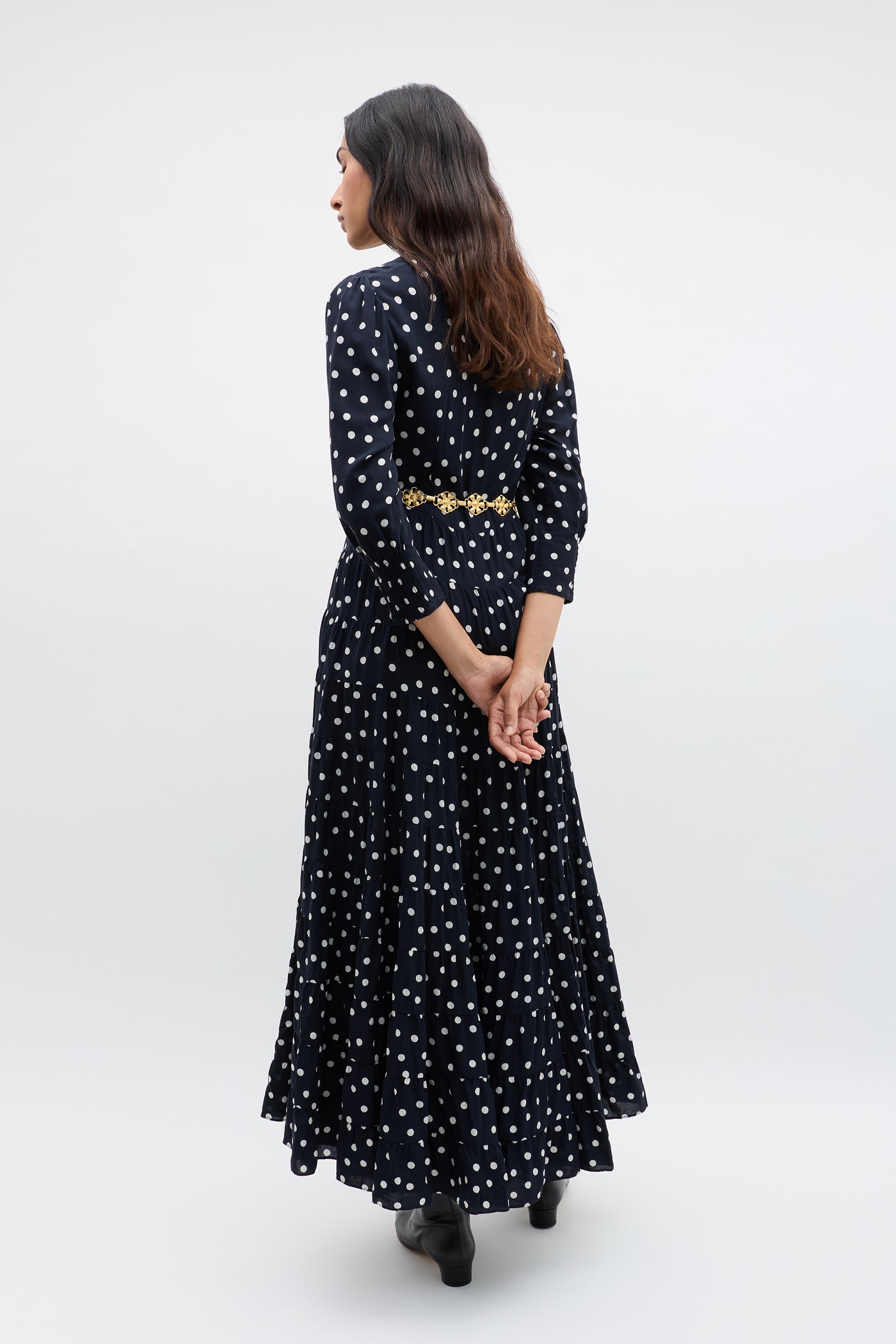 bohemian polka dot dress Polka Dot Halter Maxi Dress with Open Back, Side Slit & Elastic Waist Monie Dress by EASY CLOTHES Size S