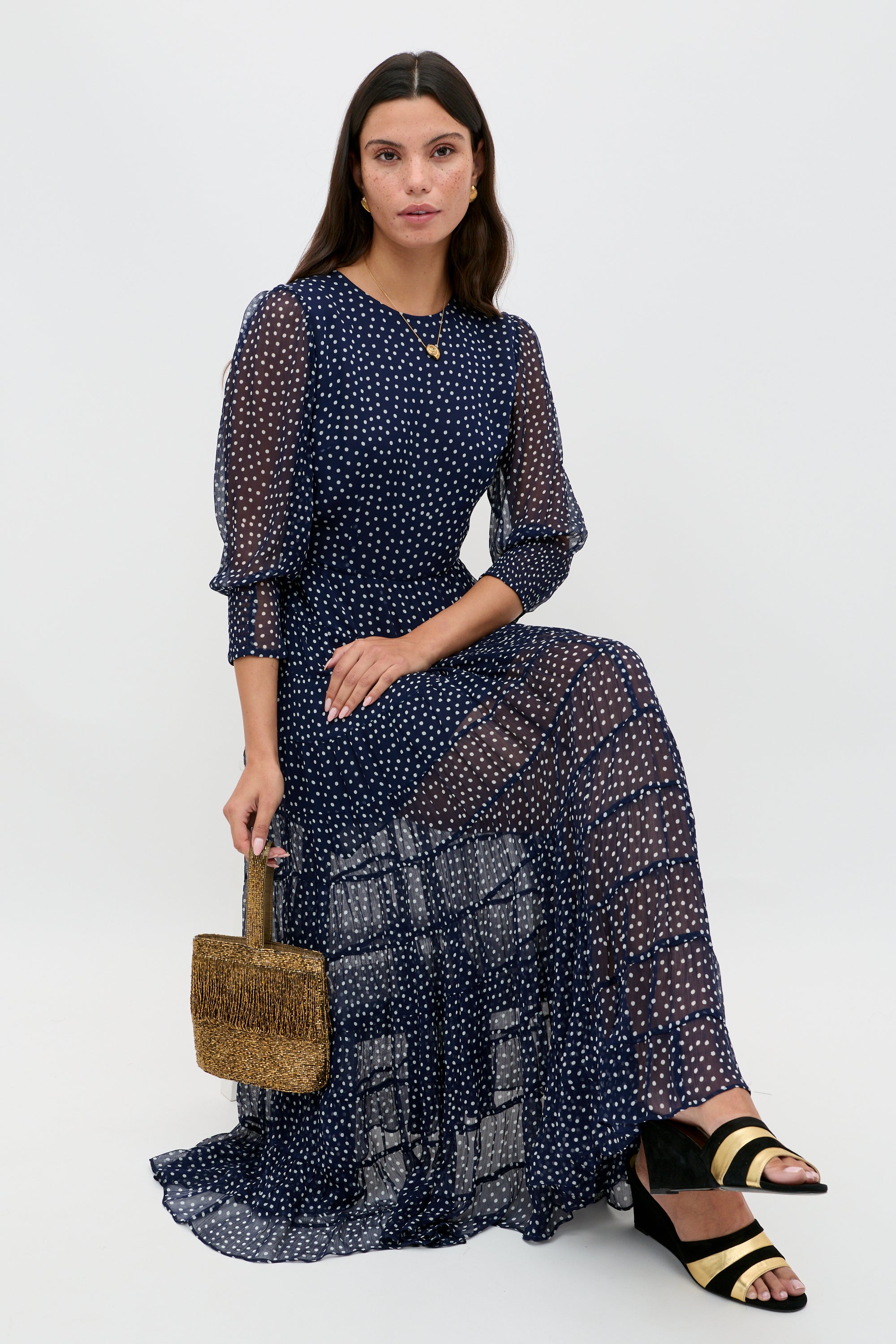 Kristen Georgette Midi Dress in Polka Dot Navy