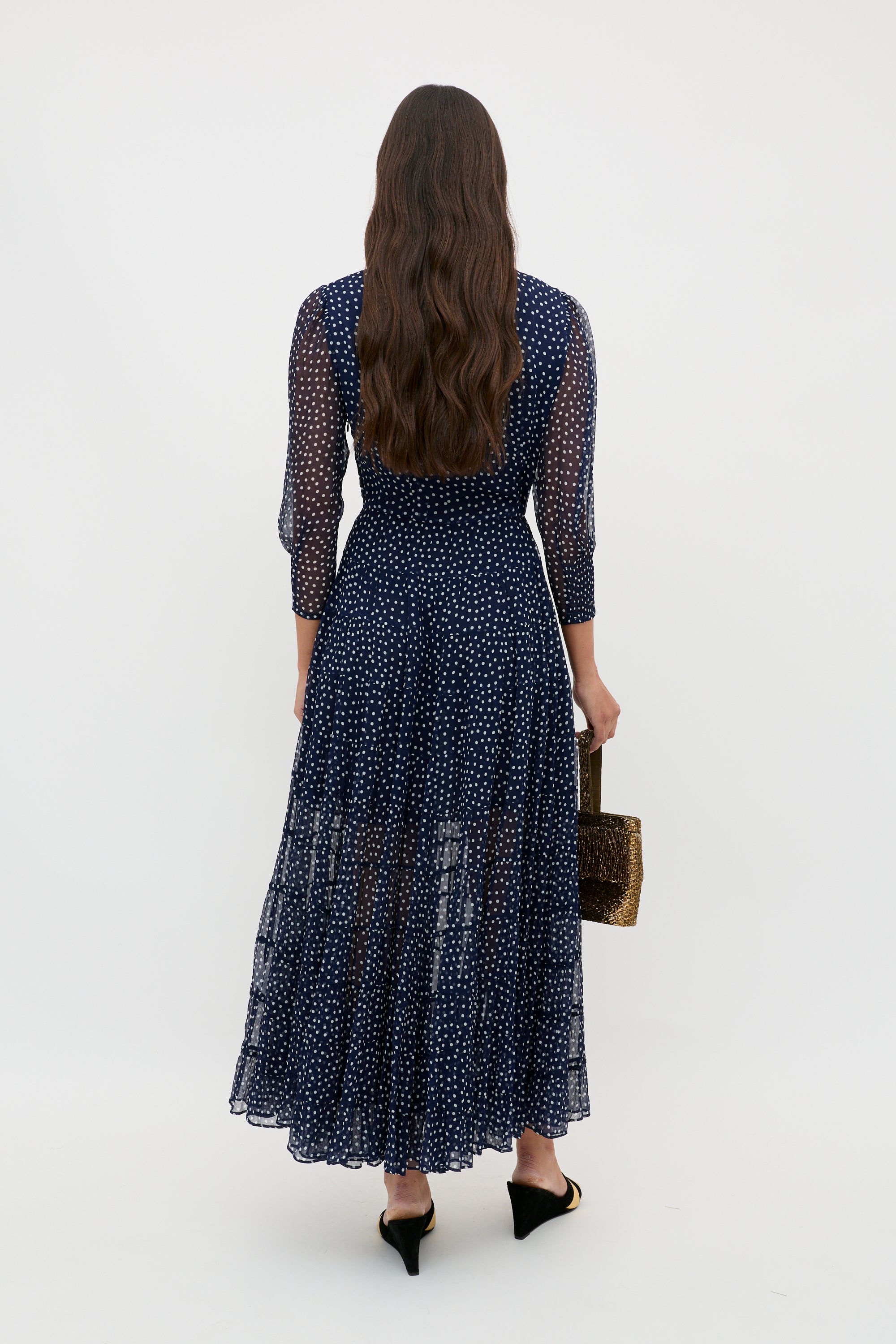 Kristen Georgette Midi Dress in Polka Dot Navy