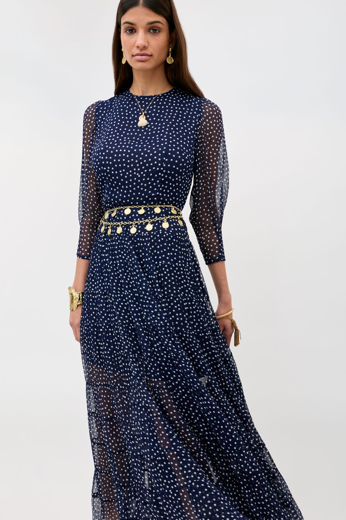 navy blue dress with gold jewelry Kristen Georgette Midi in Polka Dot My First Barbie Birthday Maxi Dresses Grouped and low V back. Pants:44