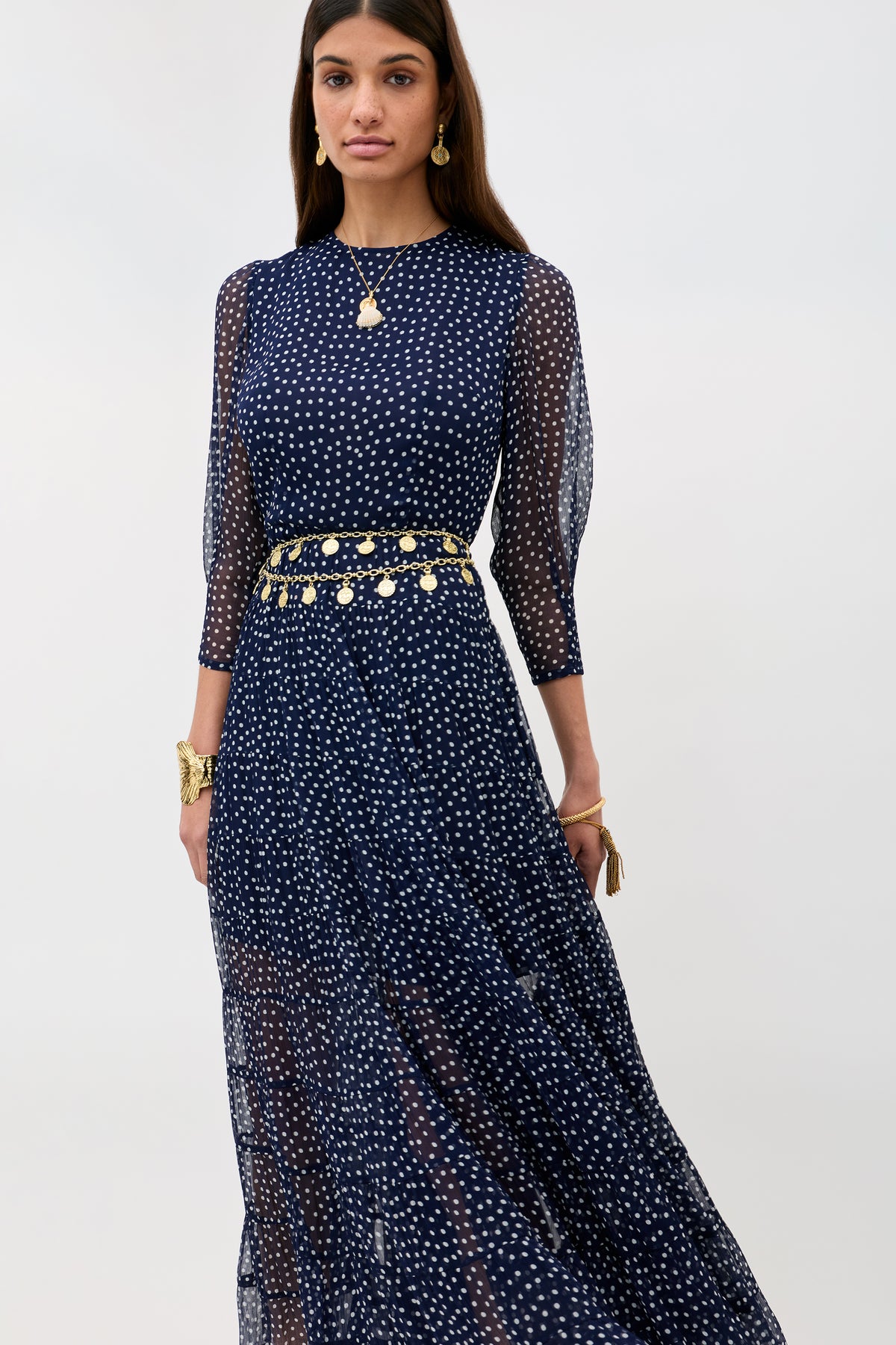 Kristen Georgette Midi Dress in Polka Dot Navy | RIXO USA Kristen Georgette Midi Dress in Polka Dot Navy | RIXO USA
