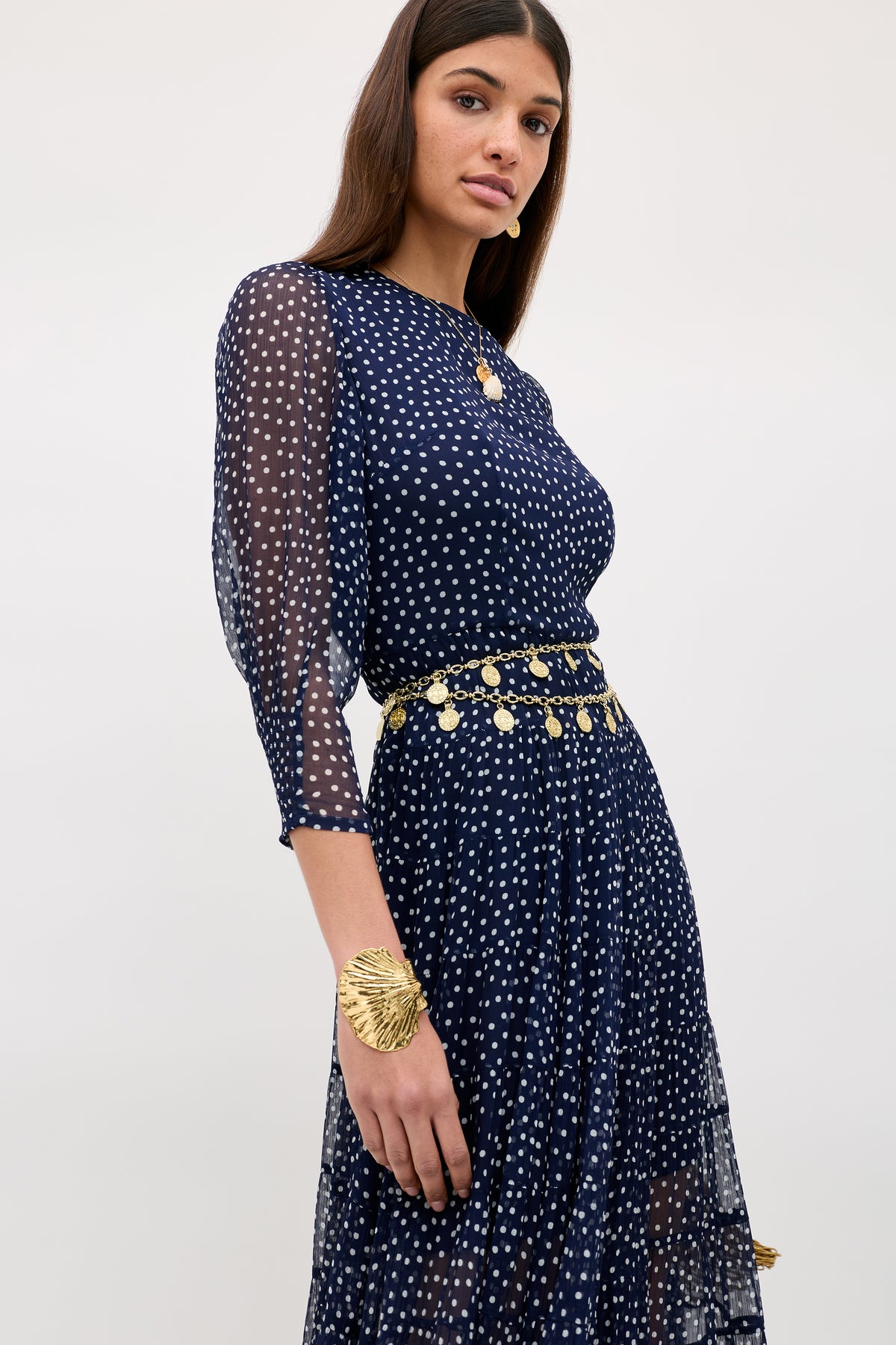 Kristen Georgette Midi Dress in Polka Dot Navy | RIXO Kristen Georgette Midi Dress in Polka Dot Navy | RIXO