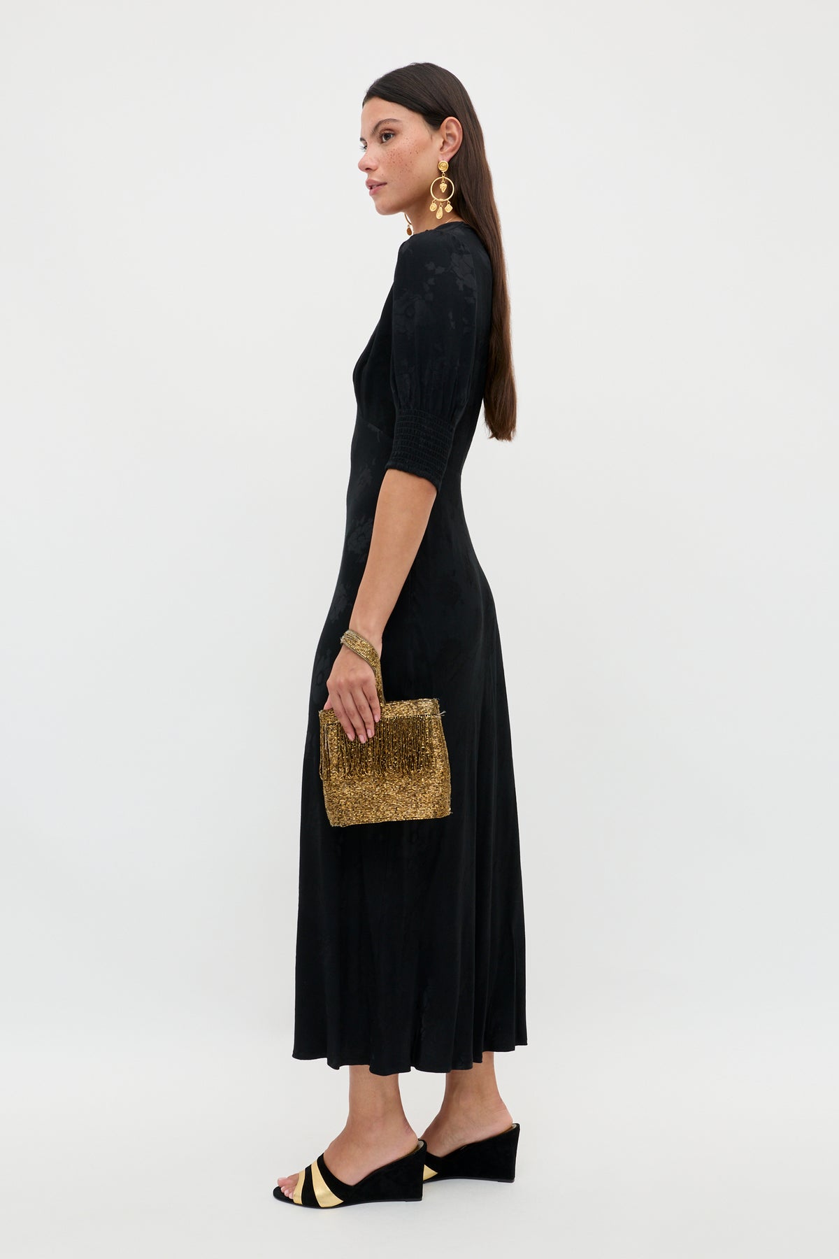 Zadie Jacquard Midi Dress in Black Poppy Jacquard | RIXO USA Zadie Jacquard Midi Dress in Black Poppy Jacquard | RIXO USA