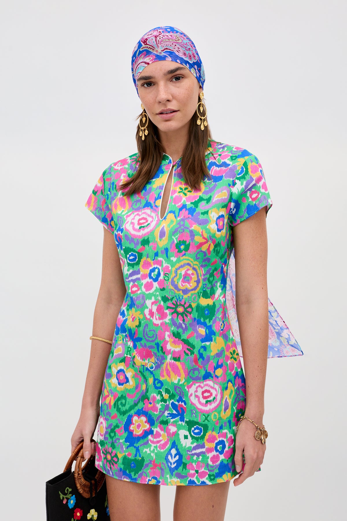 Lolita Linen-Cotton Blend Mini Dress in Ikat Bloom Green | RIXO USA Lolita Linen-Cotton Blend Mini Dress in Ikat Bloom Green | RIXO USA