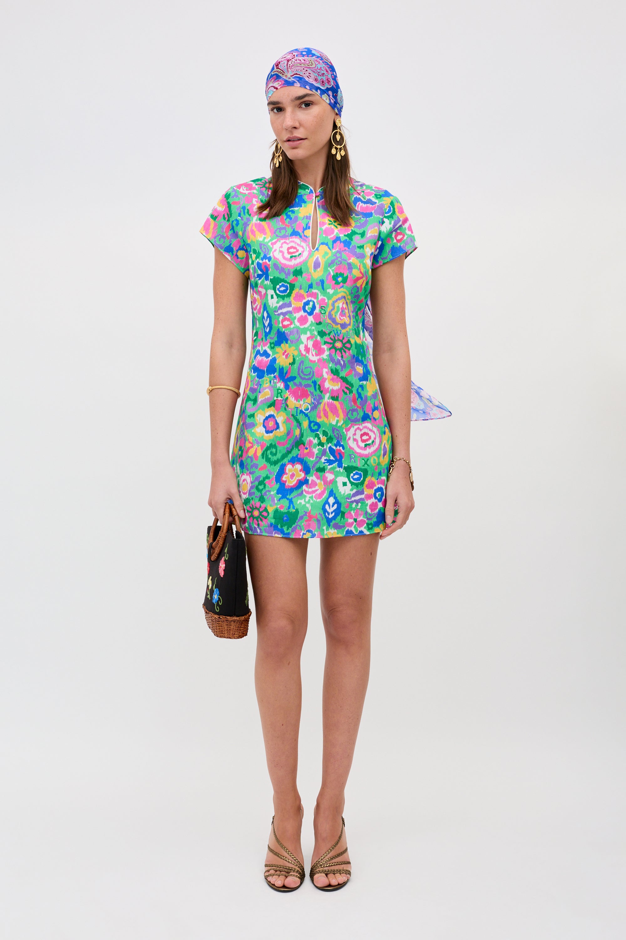 Lolita Linen-Cotton Blend Mini Dress in Ikat Bloom Green | RIXO USA ⋆