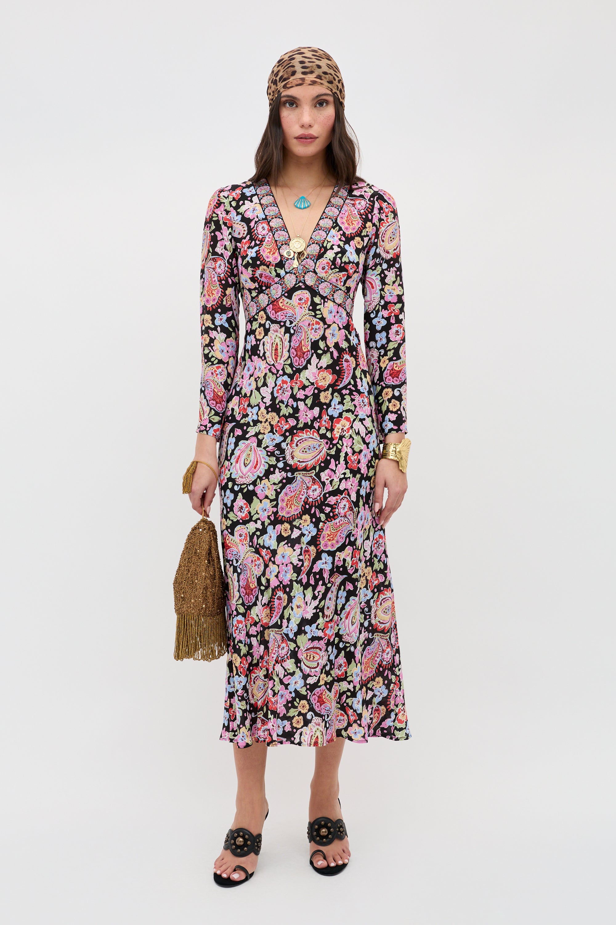 Tania Silk Midi Dress in Multi Cara Floral Black | RIXO USA ⋆