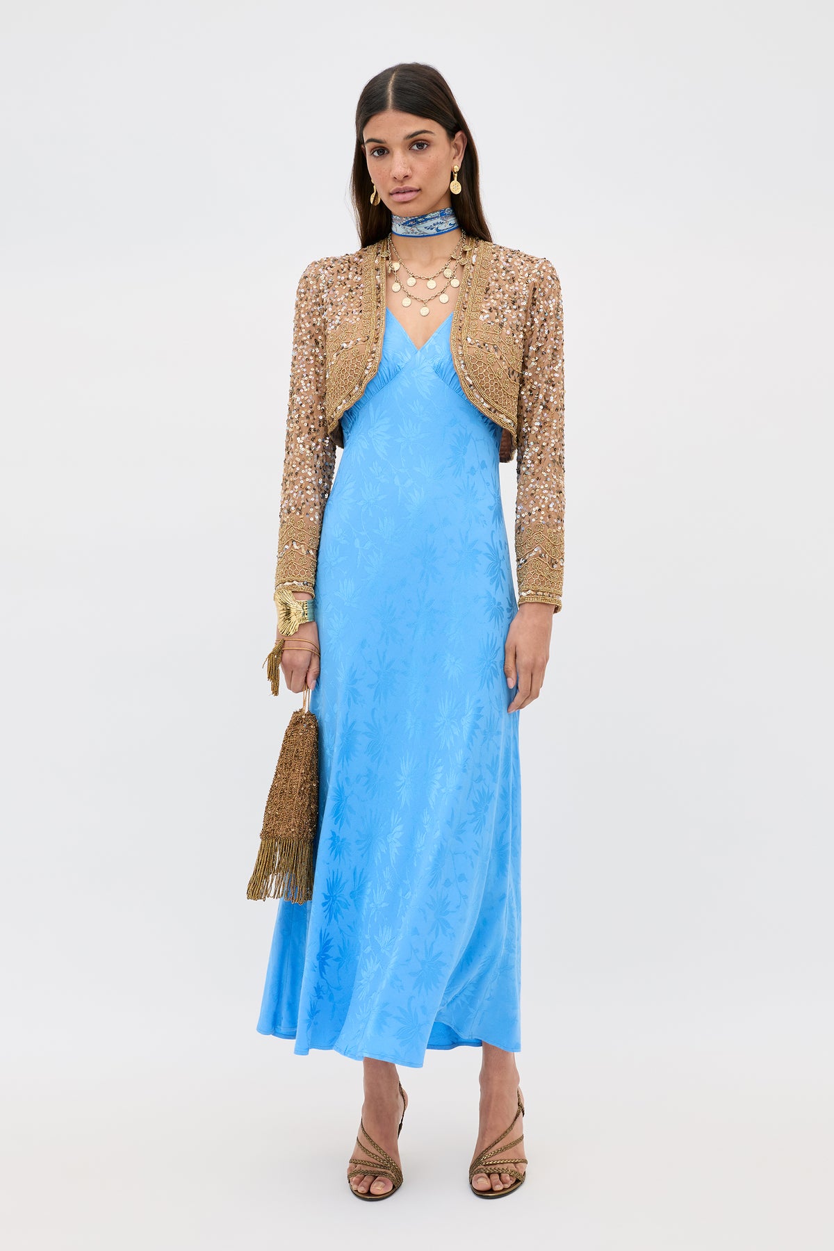 Sandrine Jacquard Midi Dress in Daisy Jacquard Blue | RIXO USA Sandrine Jacquard Midi Dress in Daisy Jacquard Blue | RIXO USA