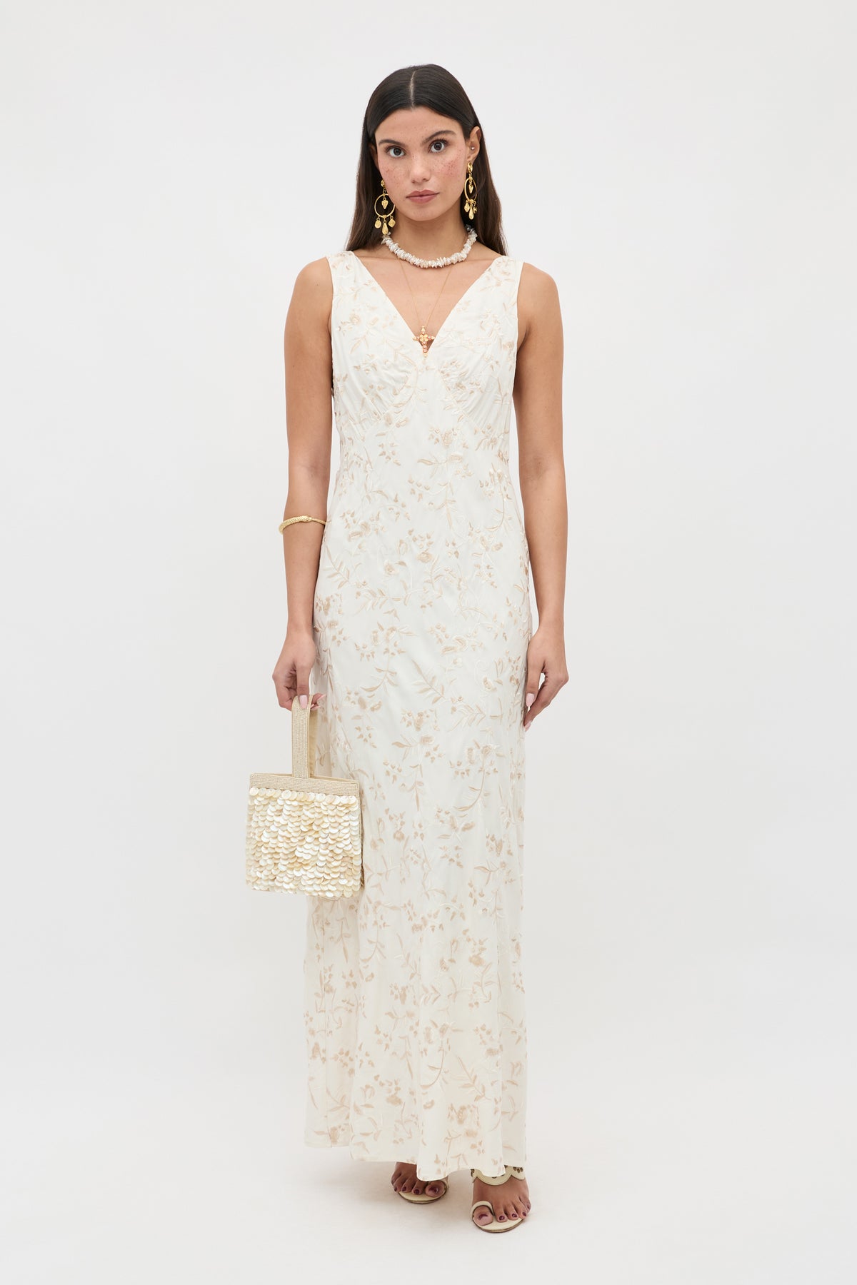 Fawn Embroidered Midi Dress in Ivory Botanical Embroidery Pearl | RIXO USA Fawn Embroidered Midi Dress in Ivory Botanical Embroidery Pearl | RIXO USA