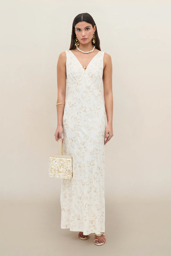 Fawn Embroidered Midi Dress in Ivory Botanical Embroidery Pearl