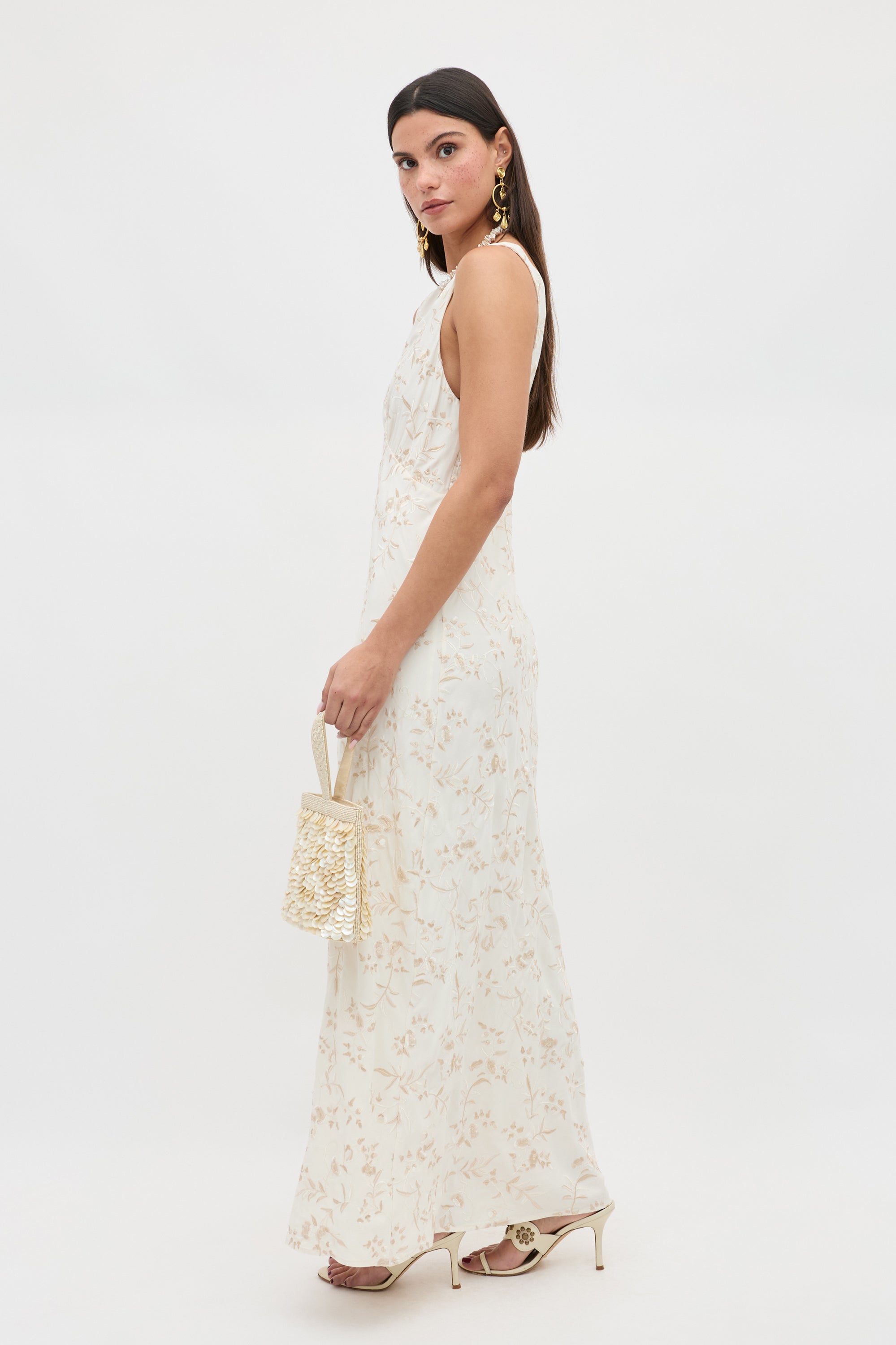 Fawn Embroidered Midi Dress in Ivory Botanical Embroidery Pearl
