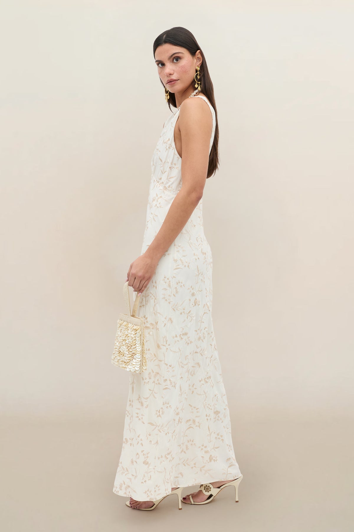 Fawn Embroidered Midi Dress in Ivory Botanical Embroidery Pearl