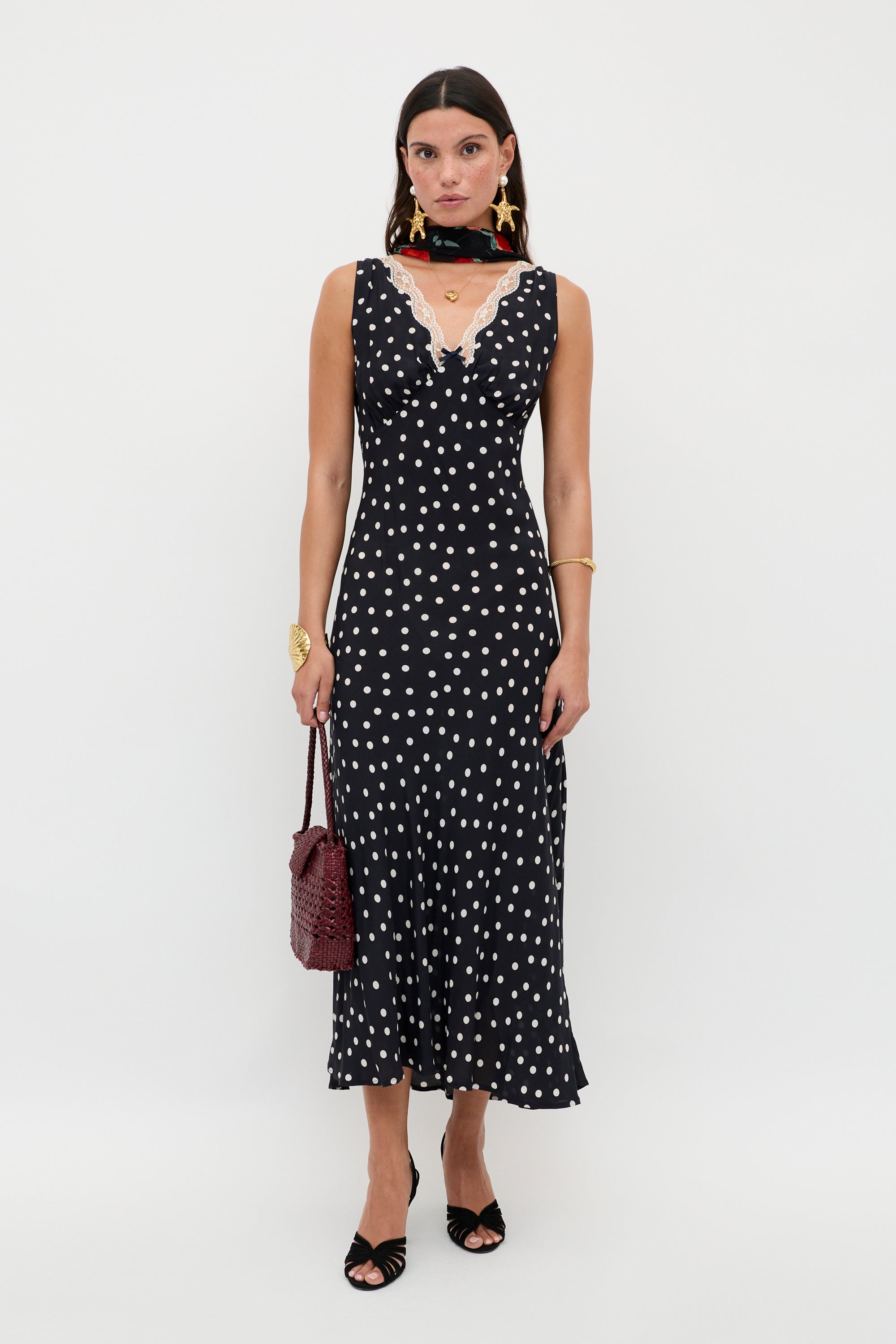 ワンピース Y's 24AW CUPRO DOTS NOSLEEVE DRESS 1 Women's Swiss Dots Dress Long Sleeve V Neck Smocked Bodice Casual