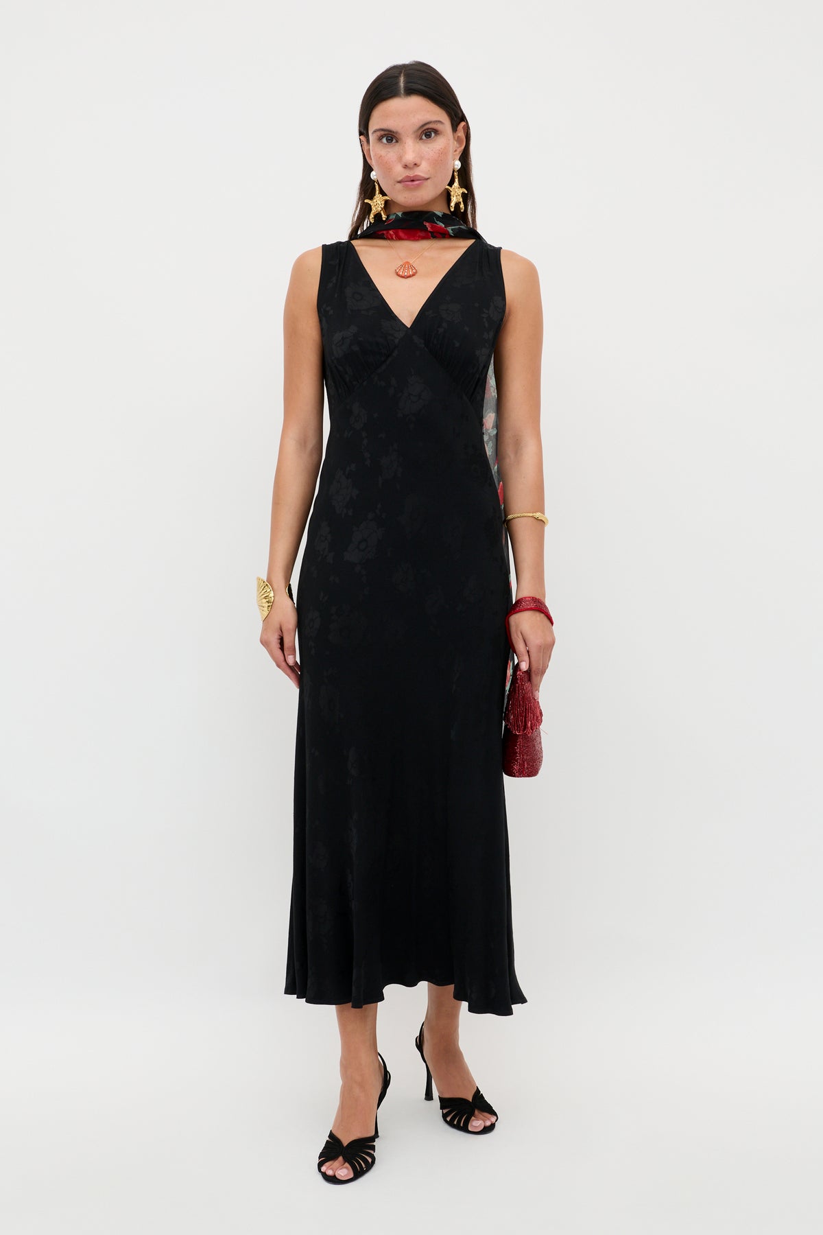 Sandrine Jacquard Midi Dress in Black Poppy Jacquard | RIXO USA Sandrine Jacquard Midi Dress in Black Poppy Jacquard | RIXO USA