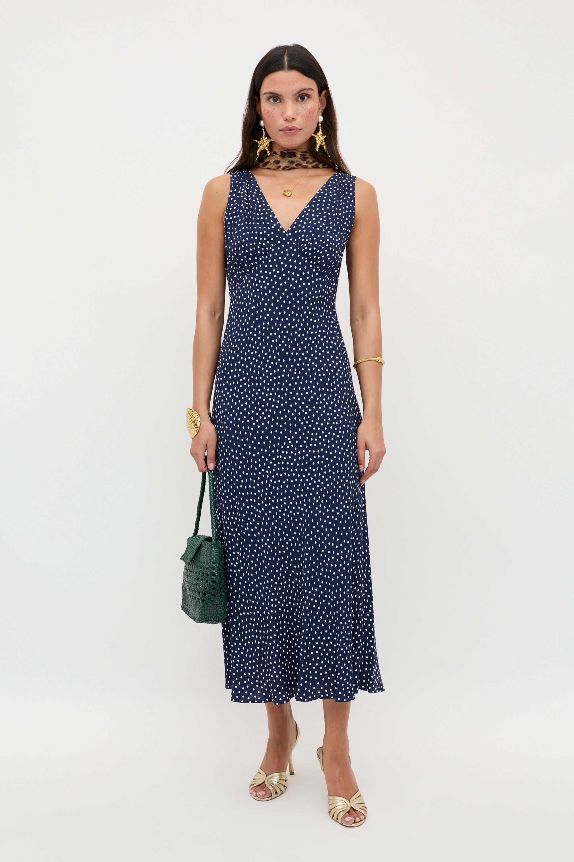 Rixo Navy Mini Polka Dot V-Neck Midi Dress Sandrine Midi Dress in Mini Navy Polka Dot