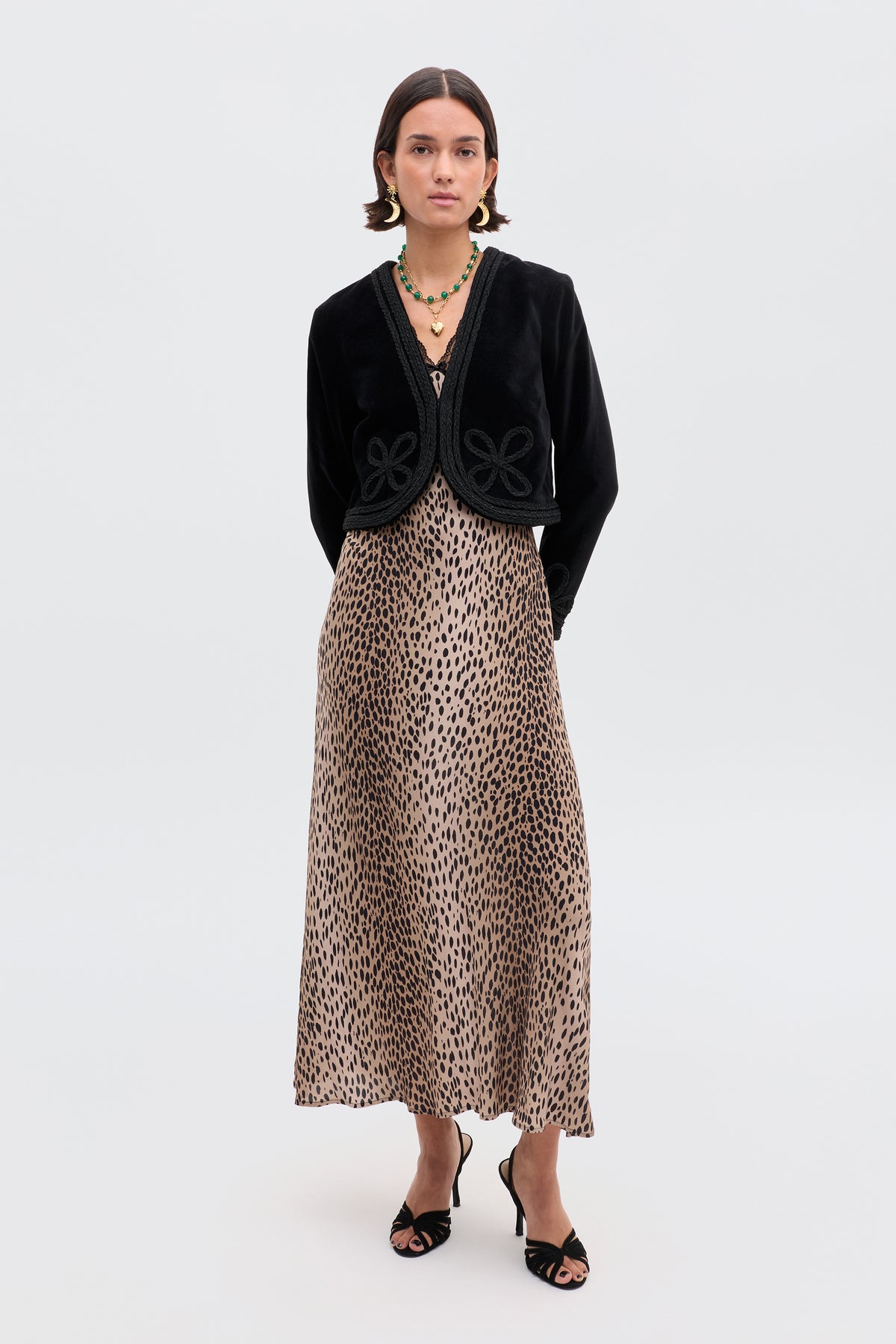 Sandrine Midi Dress in Brown Antelope Spot Black | RIXO USA Sandrine Midi Dress in Brown Antelope Spot Black | RIXO USA