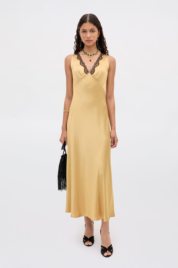 Sandrine Satin Midi Dress in Gold | RIXO Sandrine Satin Midi Dress in Gold | RIXO