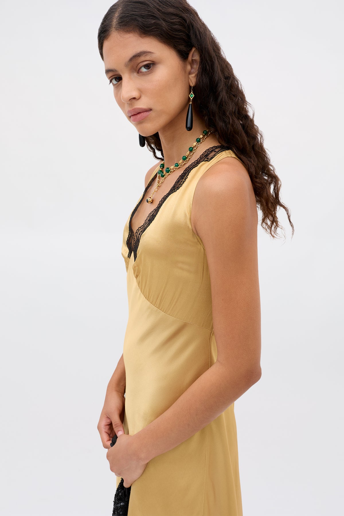 Sandrine Satin Midi Dress in Gold | RIXO USA Sandrine Satin Midi Dress in Gold | RIXO USA