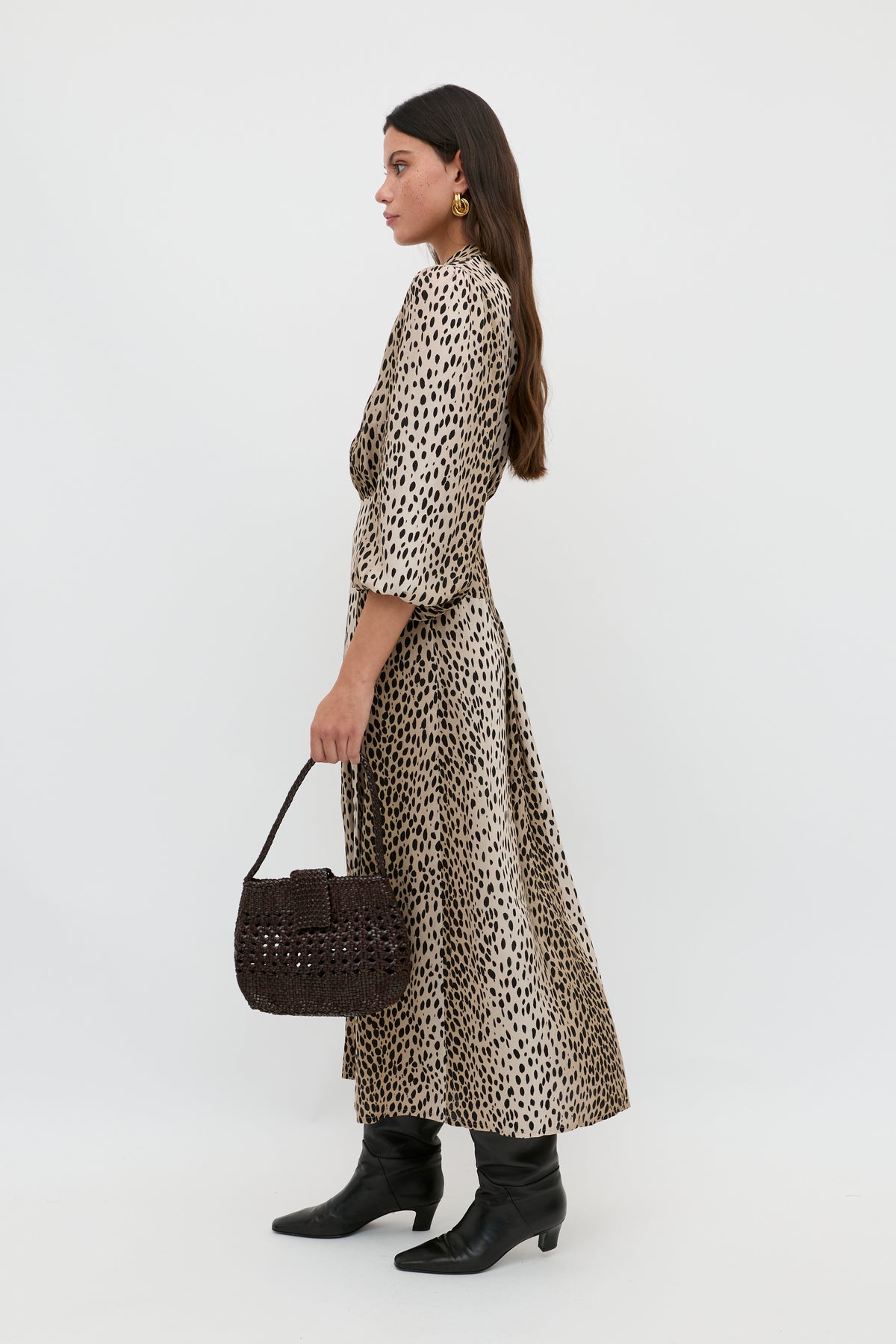 Izzy Shirt Dress in Brown Antelope Spot Jacquard Black | RIXO USA Izzy Shirt Dress in Brown Antelope Spot Jacquard Black | RIXO USA