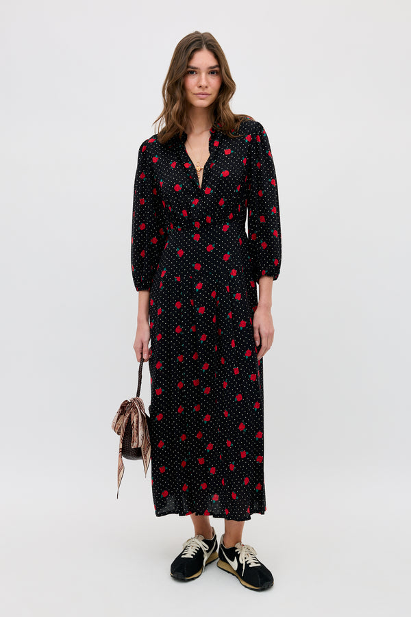 red dress with black spots Red Black Polka Dot Swing Dress