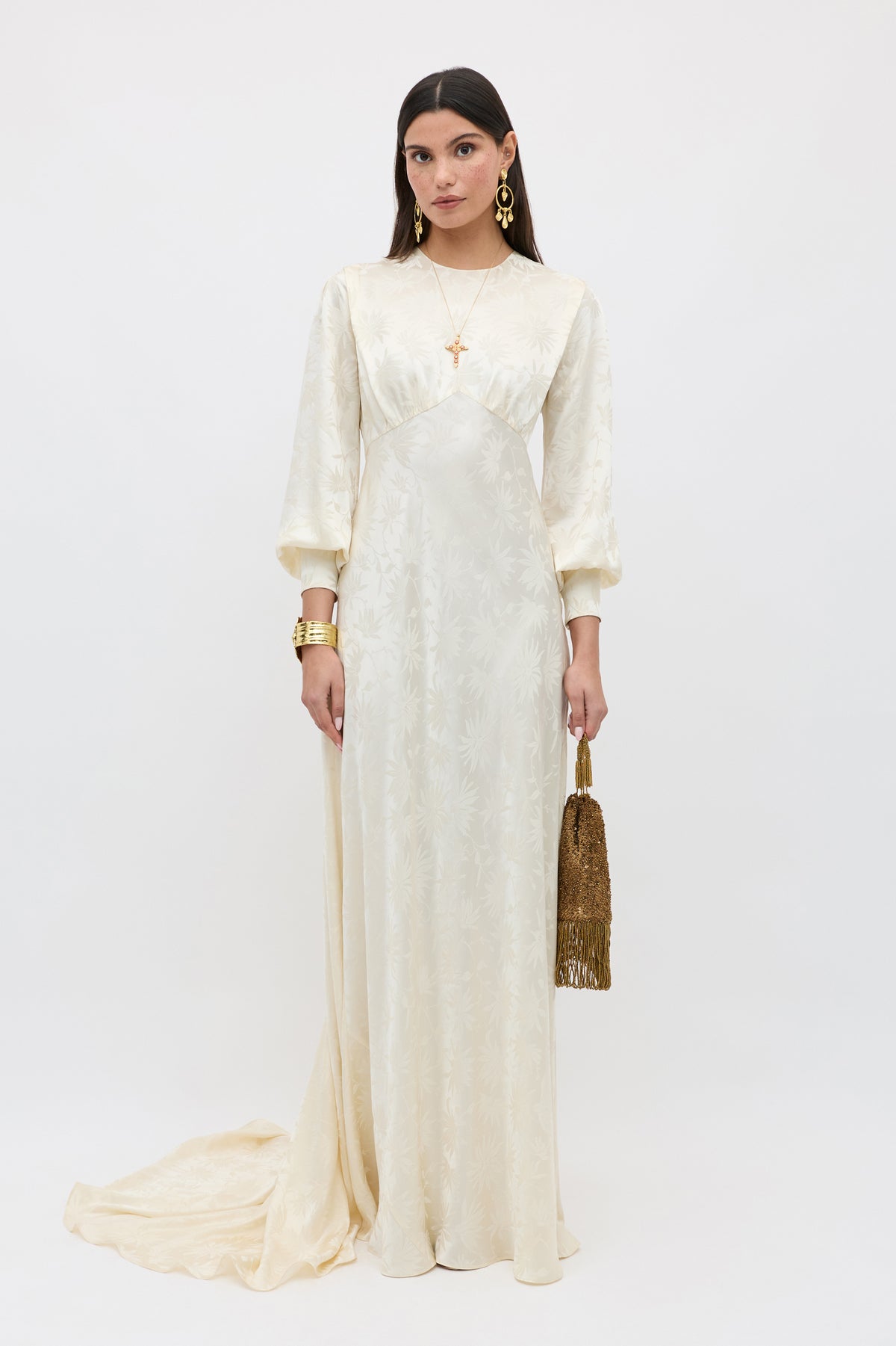 Clementine Silk Gown in Ivory Daisy Jacquard Champagne | RIXO USA Clementine Silk Gown in Ivory Daisy Jacquard Champagne | RIXO USA