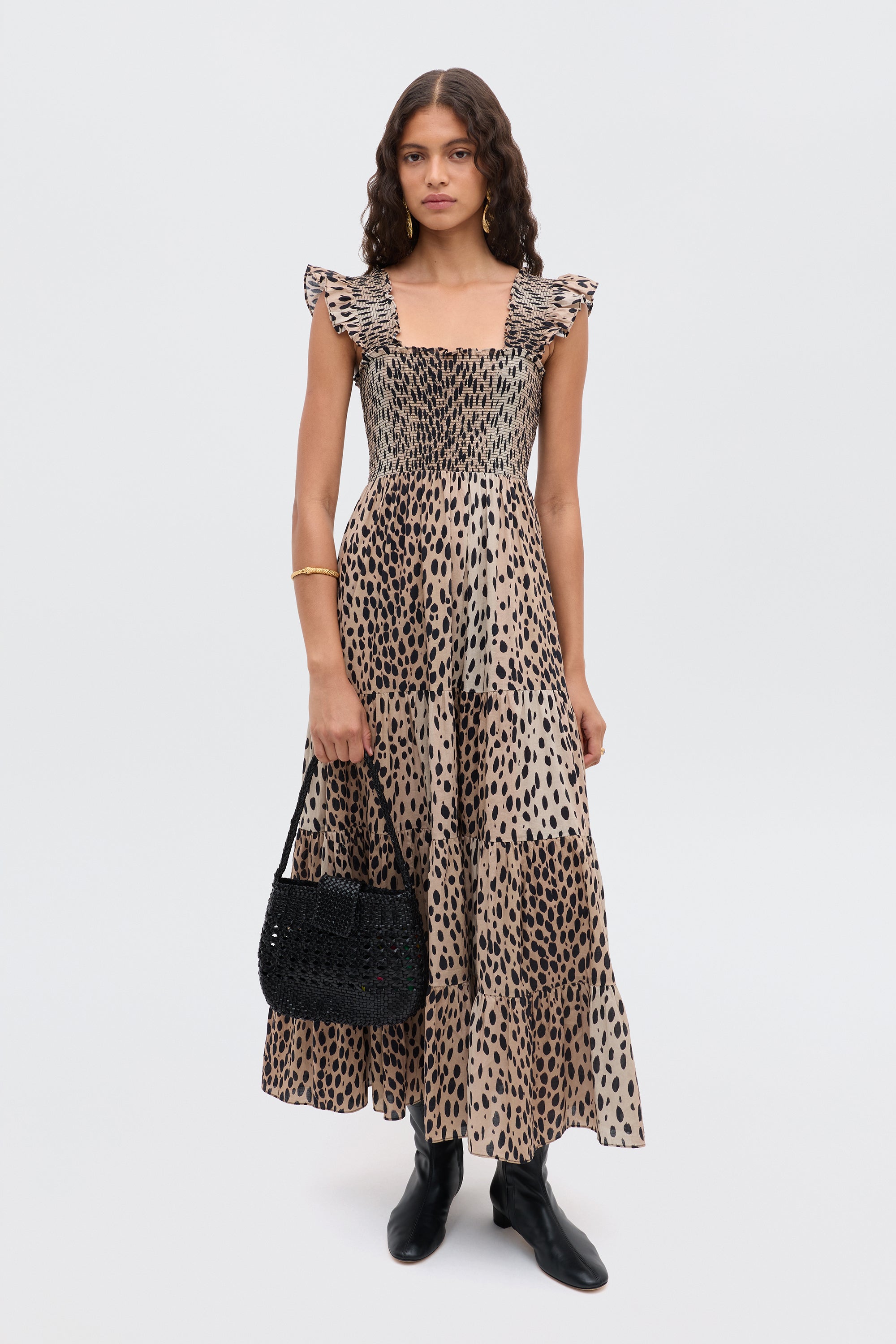 Kendall Cotton Midi Dress in Brown Antelope Spot Black | RIXO USA ⋆