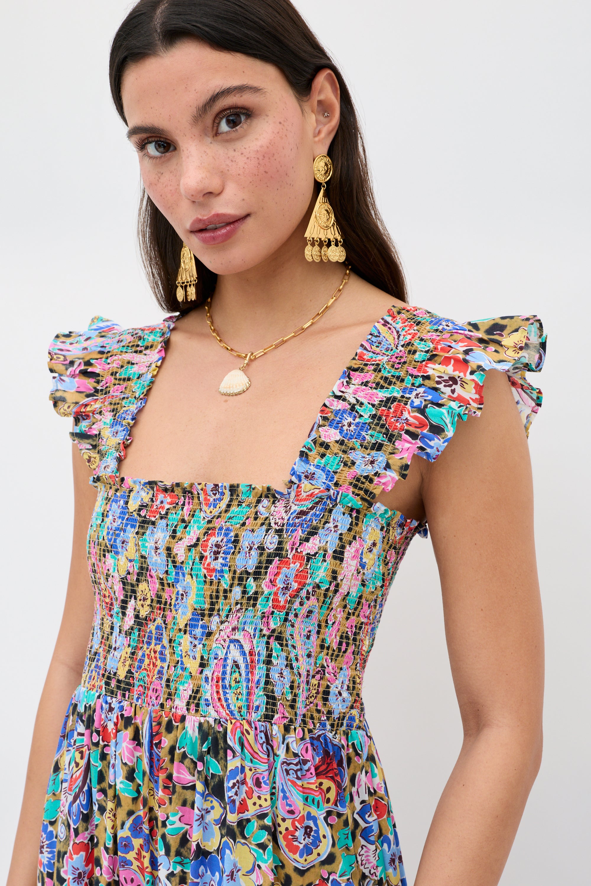 Kendall Cotton Midi Dress in Multi Cara Floral Leopard Brown