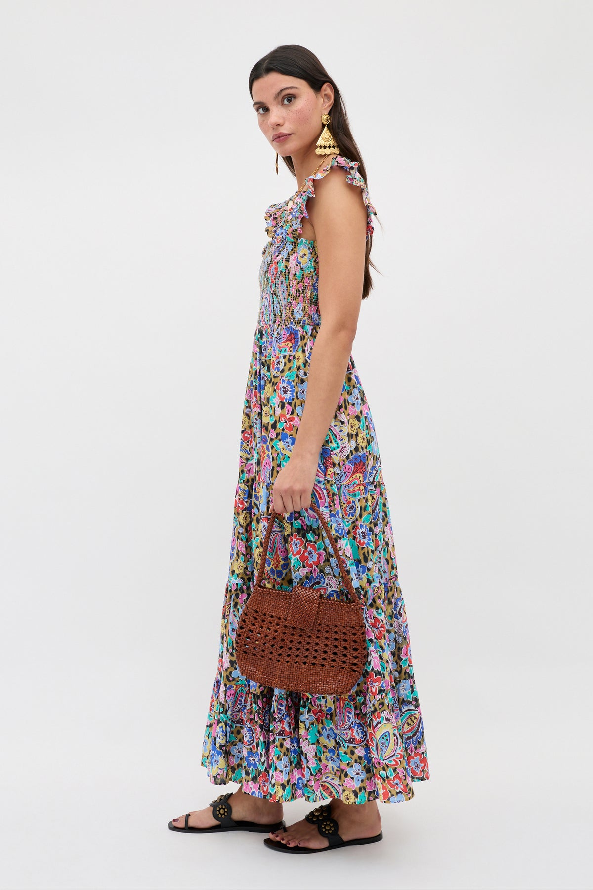 Kendall Cotton Midi Dress in Multi Cara Floral Leopard Brown | RIXO USA Kendall Cotton Midi Dress in Multi Cara Floral Leopard Brown | RIXO USA