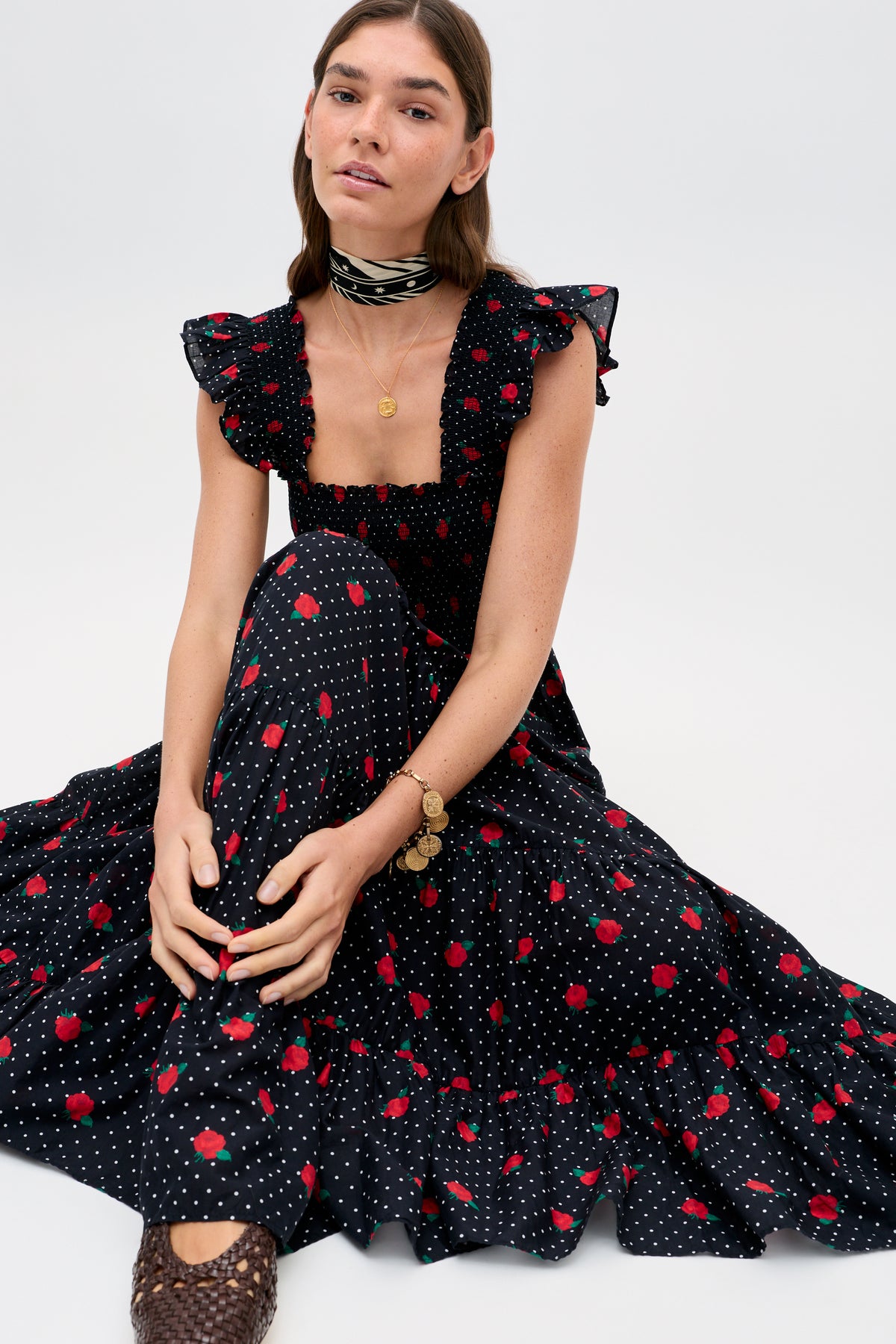 Kendall Cotton Midi Dress in Rose Spot Black | RIXO USA Kendall Cotton Midi Dress in Rose Spot Black | RIXO USA