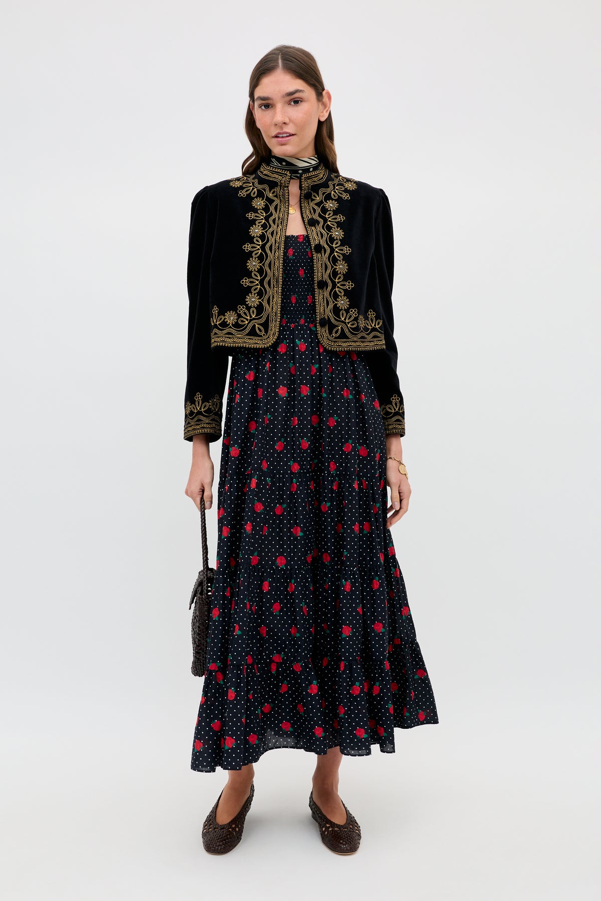 Kendall Cotton Midi Dress in Rose Spot Black | RIXO USA Kendall Cotton Midi Dress in Rose Spot Black | RIXO USA