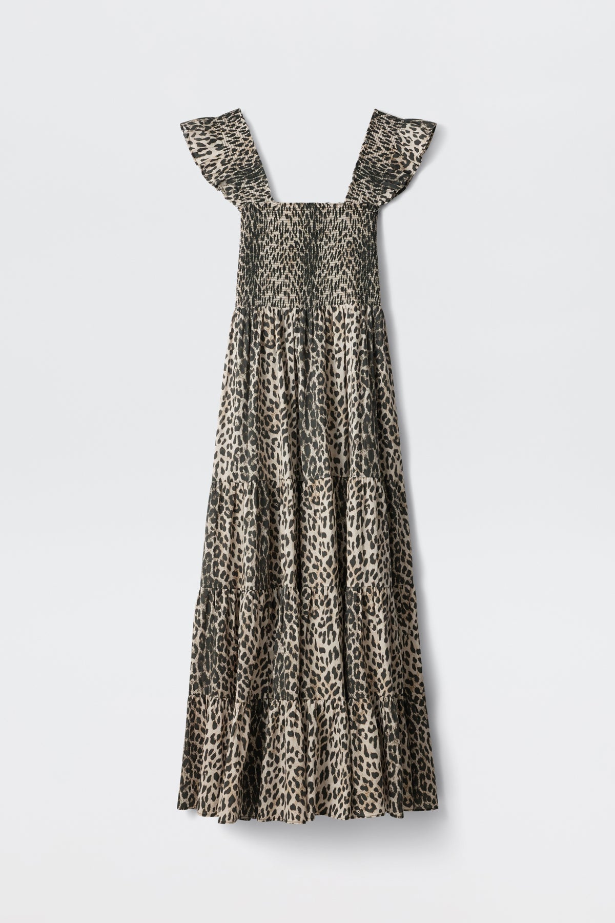 The Kendall - Nina Leopard Mocha is a long, sleeveless dress with a square neckline, tiered skirt, and ruffled shoulder straps, showcasing an all-over leopard print in mocha brown, black, and beige.