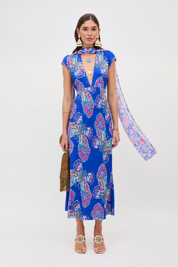 Amy Satin Jacquard Dress in Butterfly Bloom Jacquard Blue | RIXO Amy Satin Jacquard Dress in Butterfly Bloom Jacquard Blue | RIXO