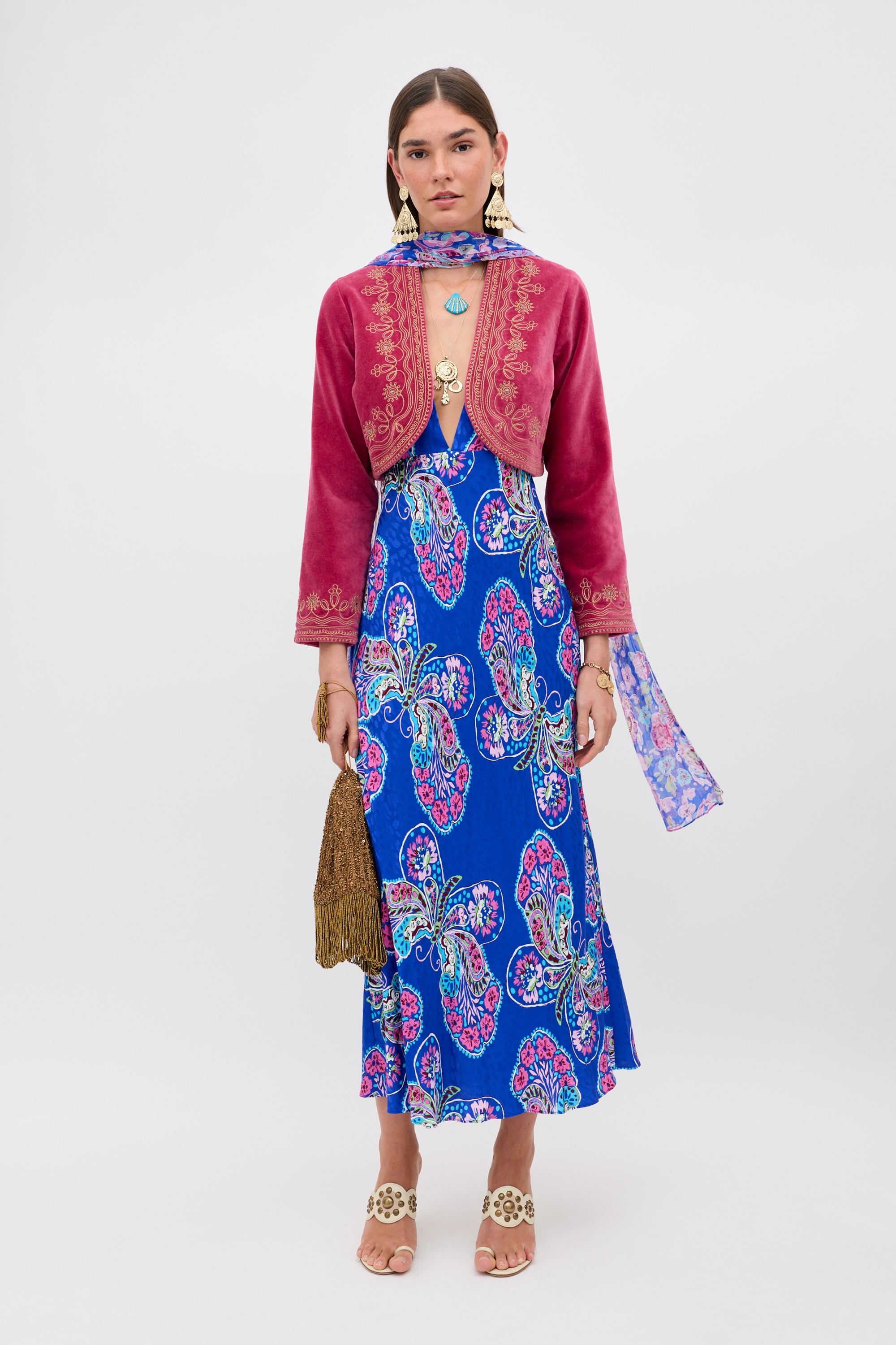 Amy Satin Jacquard Dress in Butterfly Bloom Jacquard Blue | RIXO