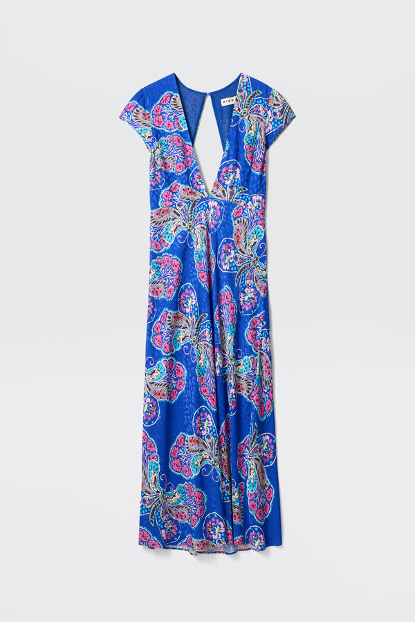The Amy - Butterfly Bloom Jacquard Blue is a long blue dress with short sleeves, a deep V-neck, and a vibrant multicolored butterfly pattern.