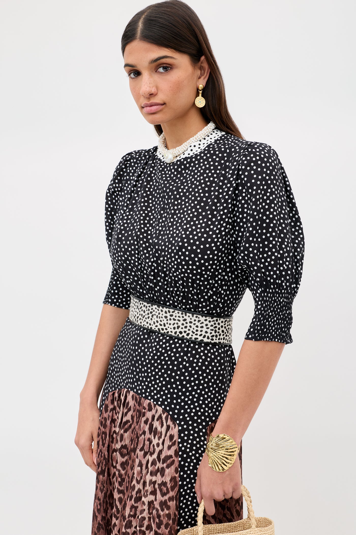 Meg Leopard Midi Dress in Black Leopard Polka Dot