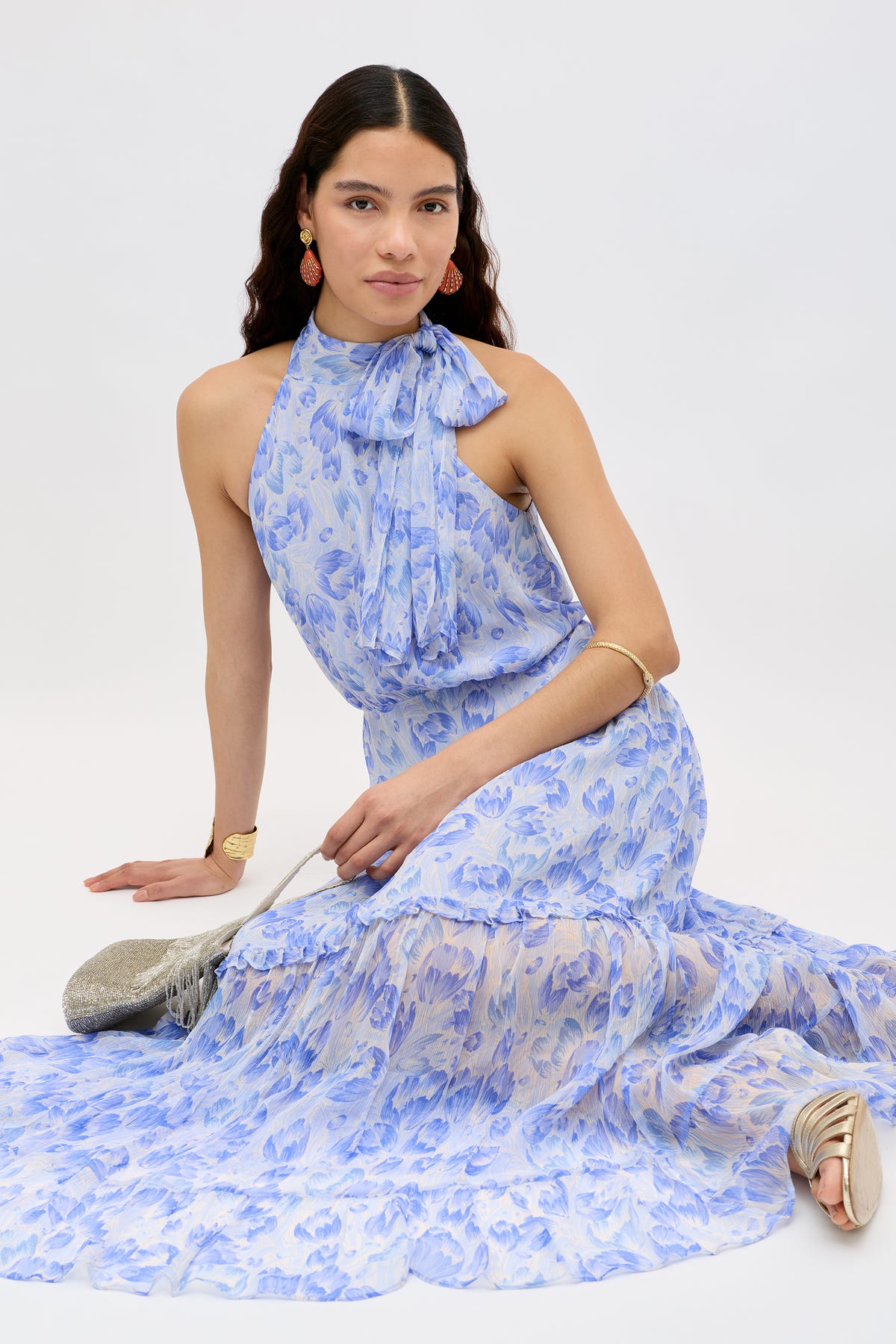 cornflower blue maxi dress Abi Chiffon Midi in Tulip Fields Earthy Solstice Boho Bell La Femme Dress 33403 elongated line from the Size:XX Small
