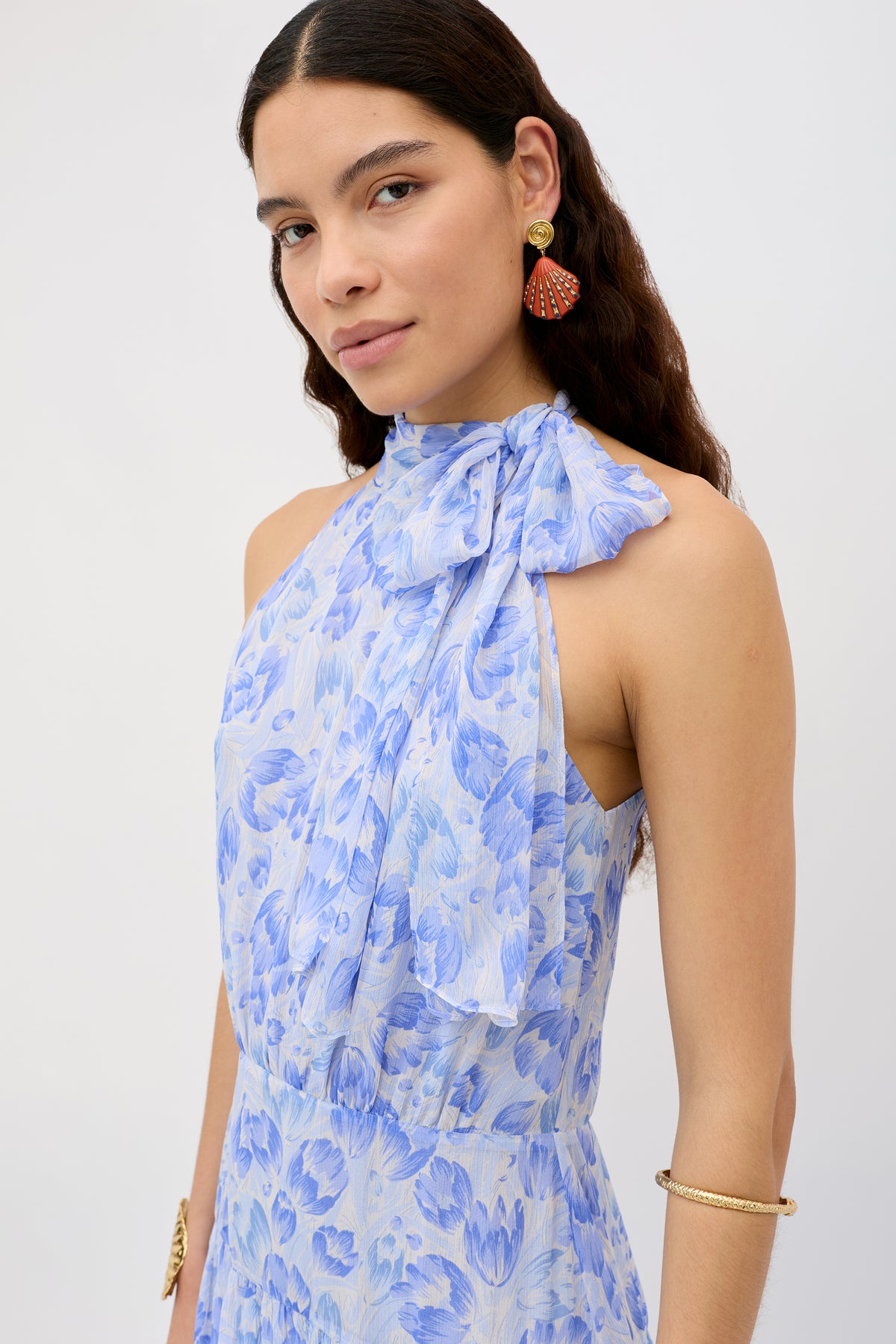 Abi Chiffon Midi Dress in Tulip Fields Cornflower Blue | RIXO USA Abi Chiffon Midi Dress in Tulip Fields Cornflower Blue | RIXO USA