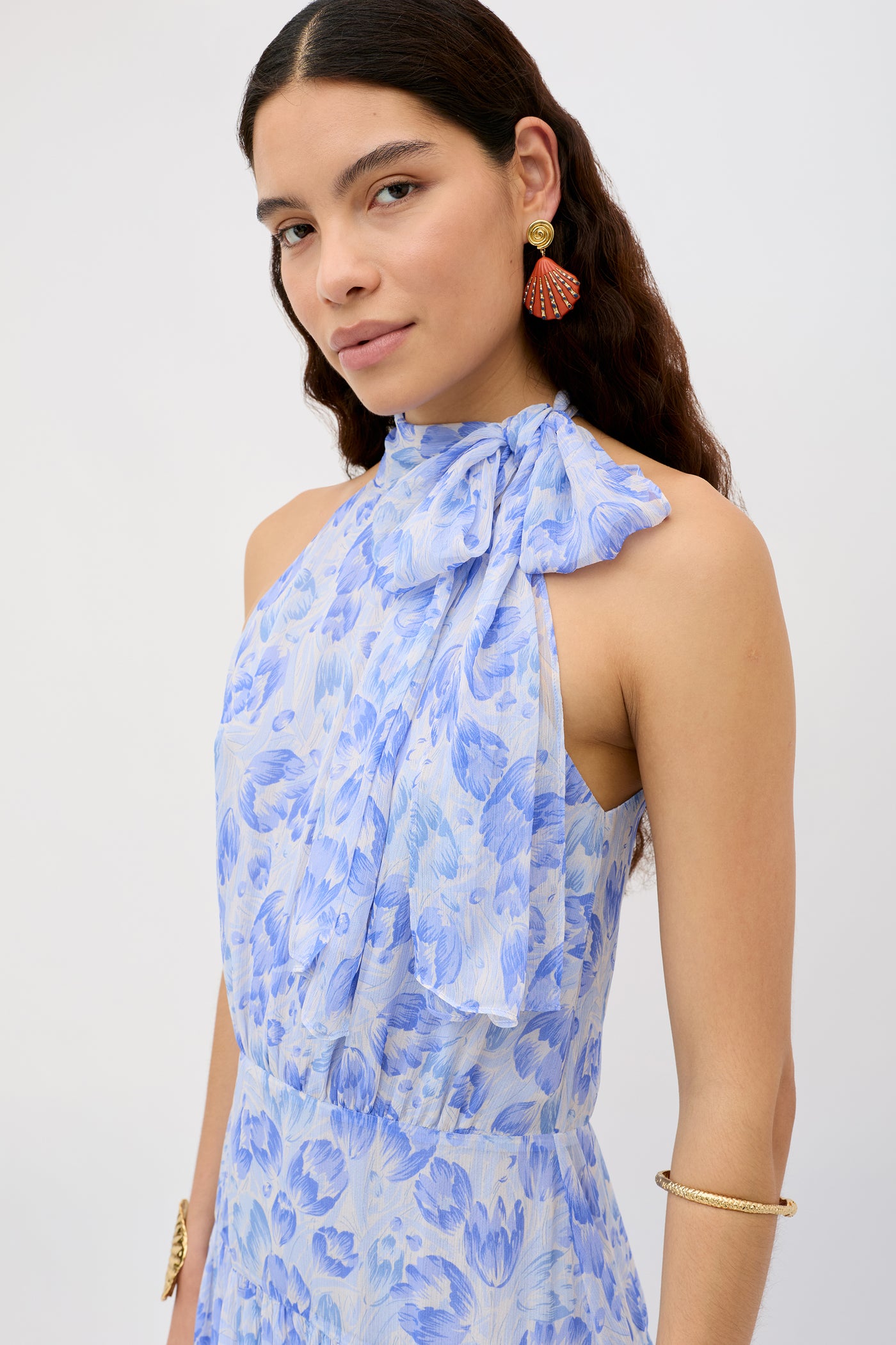 Abi Chiffon Midi Dress in Tulip Fields Cornflower Blue | RIXO USA Abi Chiffon Midi Dress in Tulip Fields Cornflower Blue | RIXO USA