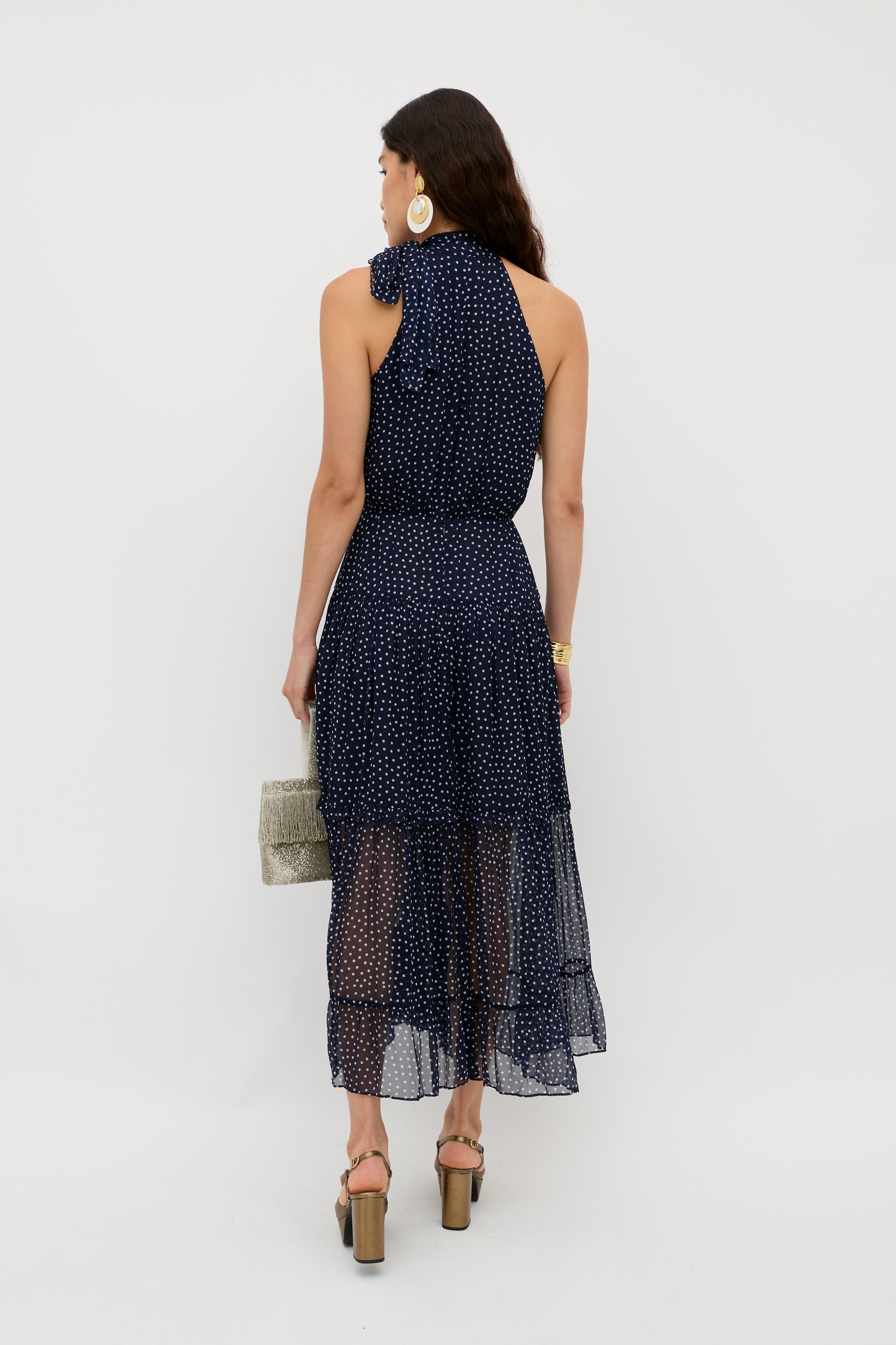 Abi Chiffon Midi Dress in Mini Navy Polka Dot | RIXO USA ⋆