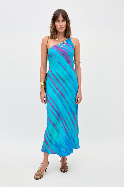 one shoulder tie dye dress RIXO Doutzen Crepe de Chine Midi Blue LowStock:42717561323571 Color:Charcoal Heather this one Rose Romance Mesh Gown–