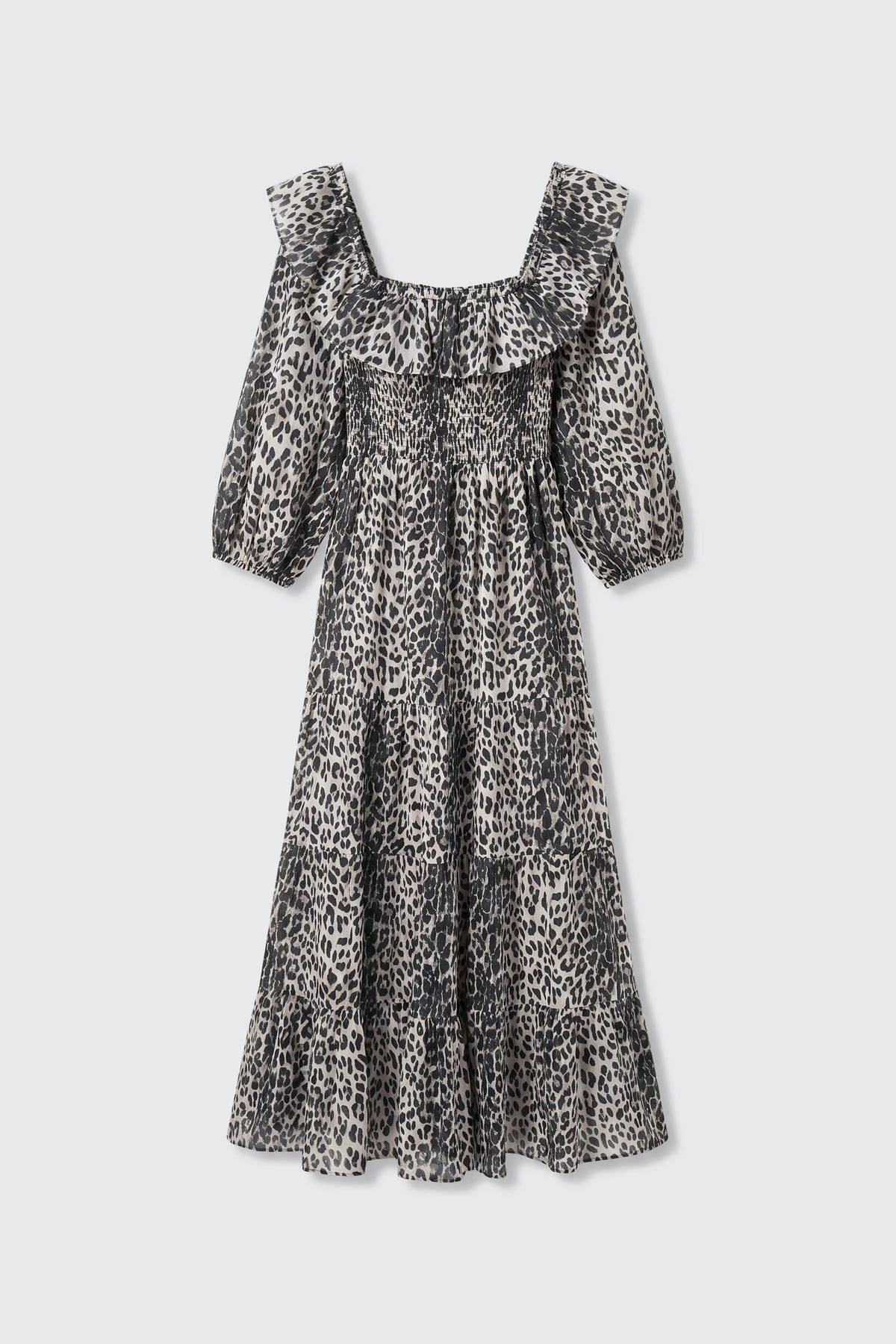 Introducing the Gabriel - Nina Leopard Mocha, a midi-length dress in a chic black and white leopard print. This stylish piece features ruffled shoulders, a square neckline, puffed long sleeves with elastic cuffs, and a flowy tiered skirt for an elegant silhouette.