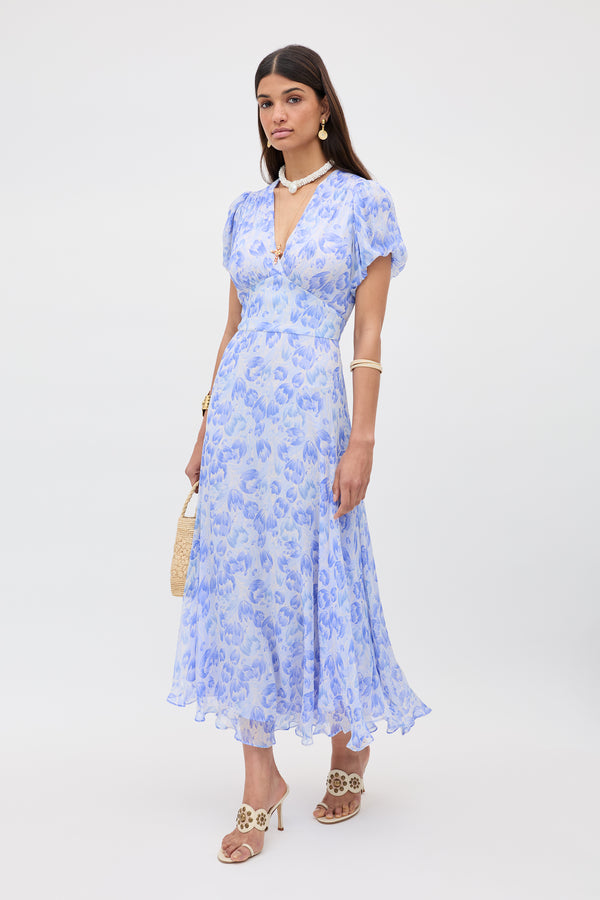 corrine midi dress Corrine Chiffon Dress in Tulip Fields Cornflower Blue