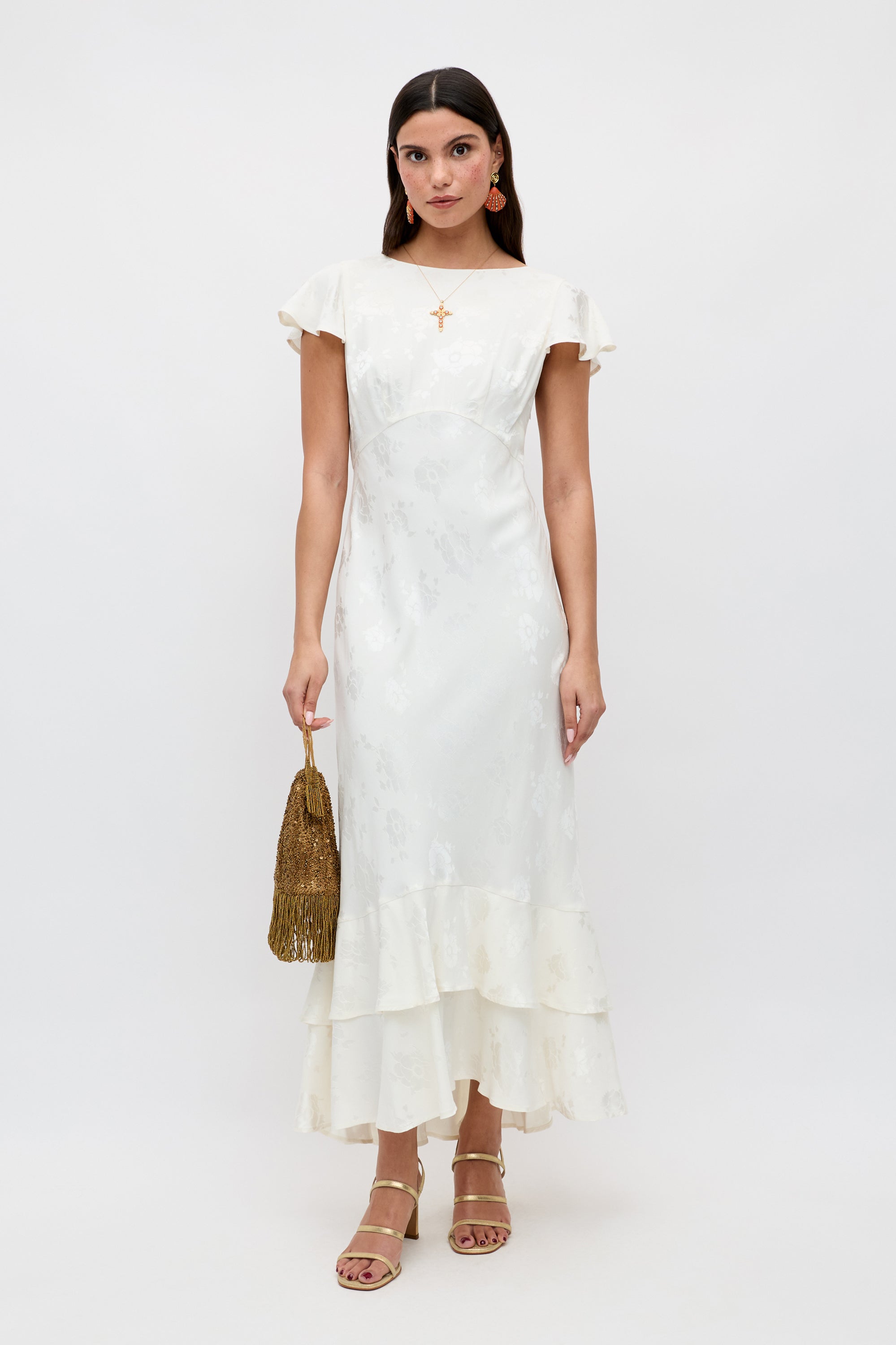 Liberty Tiered Midi Dress in Ivory Poppy Jacquard Champagne | RIXO