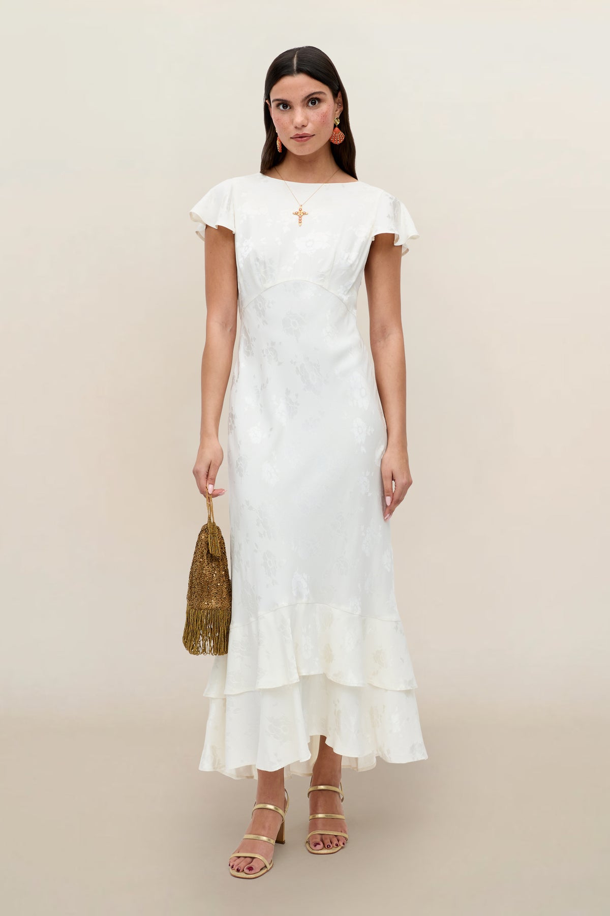Liberty Jacquard Midi Dress in Ivory Poppy Jacquard Champagne | RIXO USA Liberty Jacquard Midi Dress in Ivory Poppy Jacquard Champagne | RIXO USA
