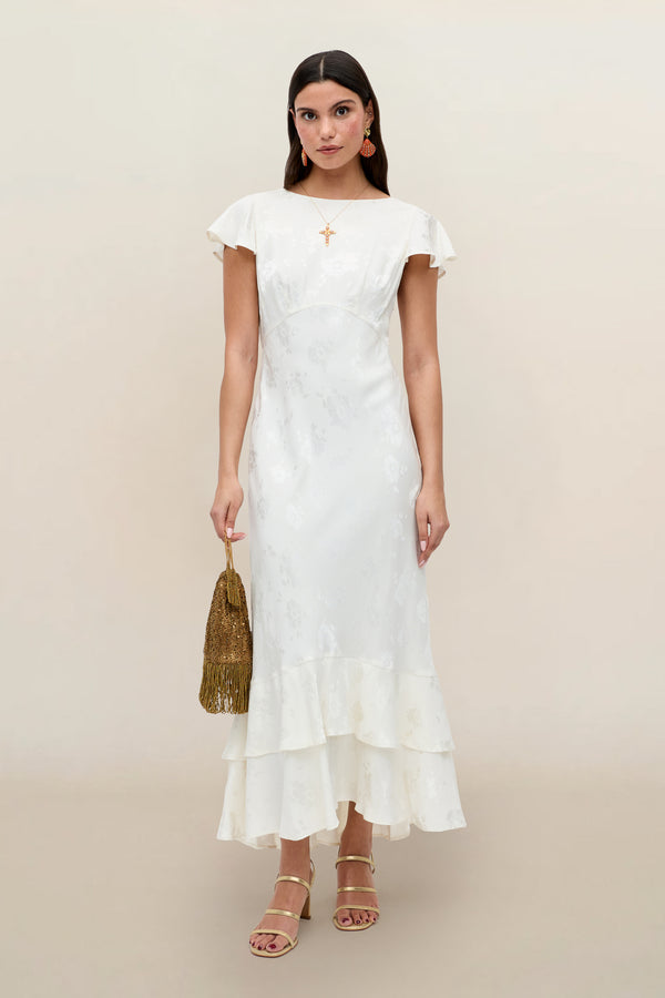 liberty twist midi dress Liberty Jacquard Midi Dress in Ivory Poppy Jacquard Champagne