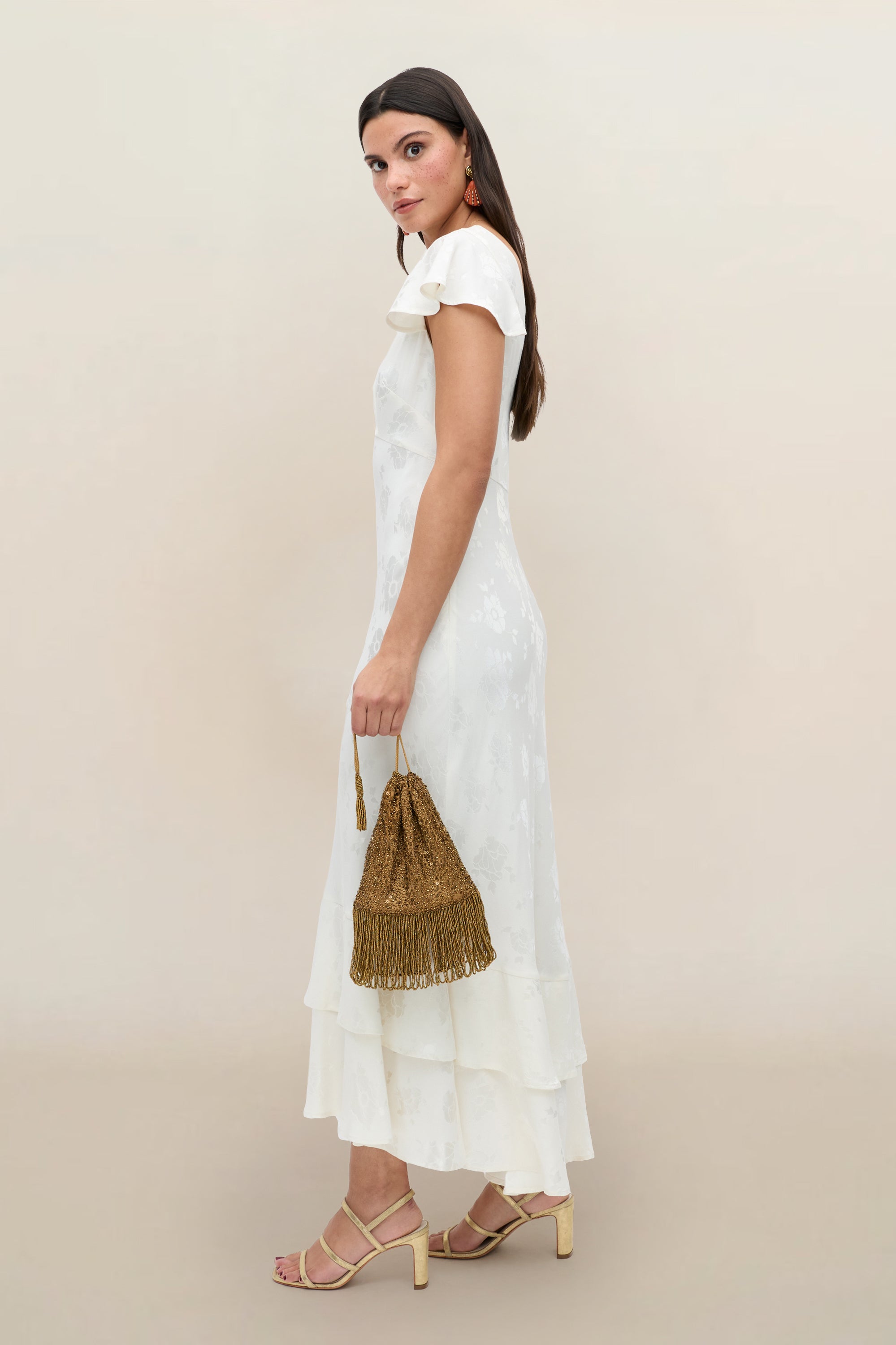 Liberty Jacquard Midi Dress in Ivory Poppy Jacquard Champagne