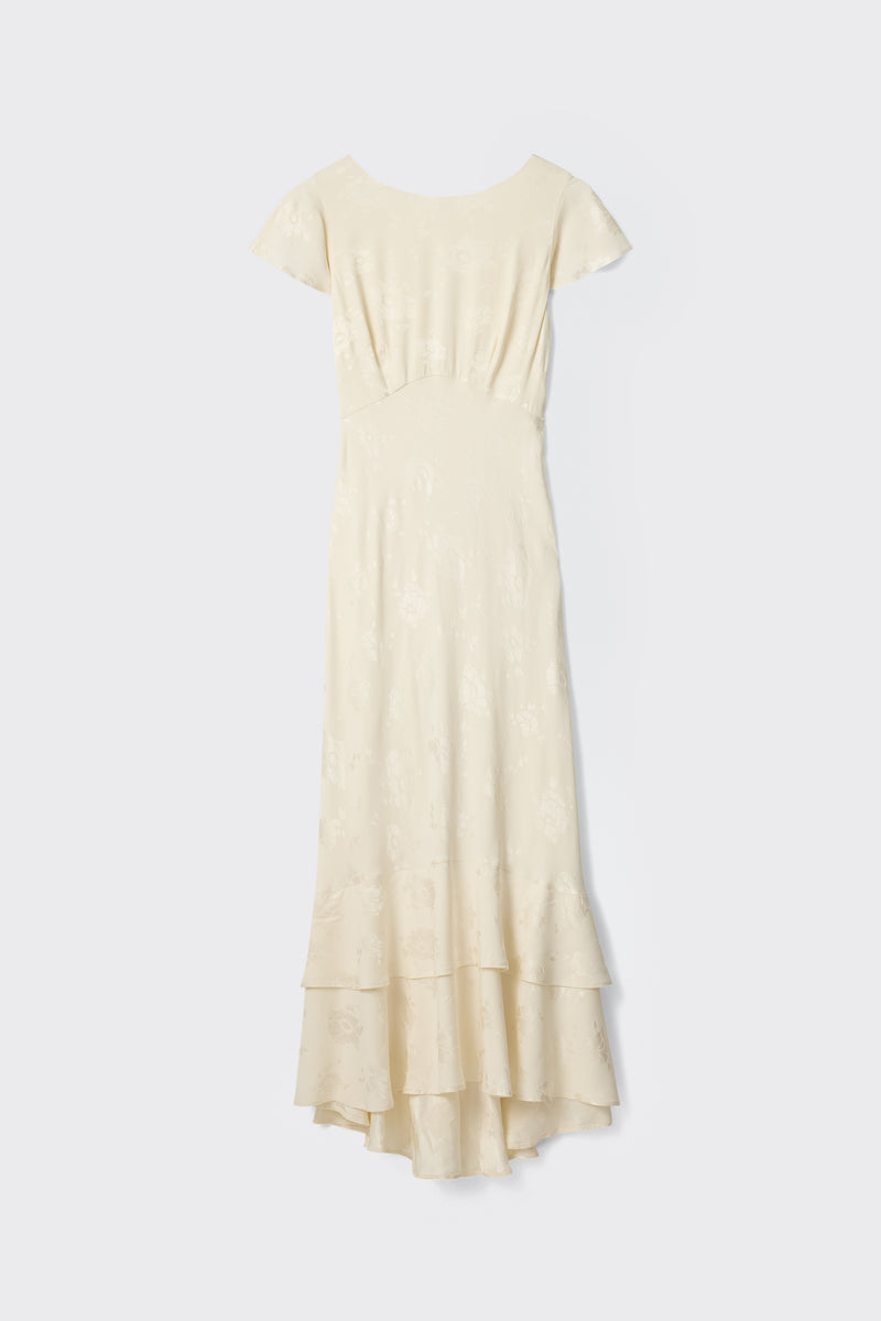 Liberty Tiered Midi Dress in Ivory Poppy Jacquard Champagne