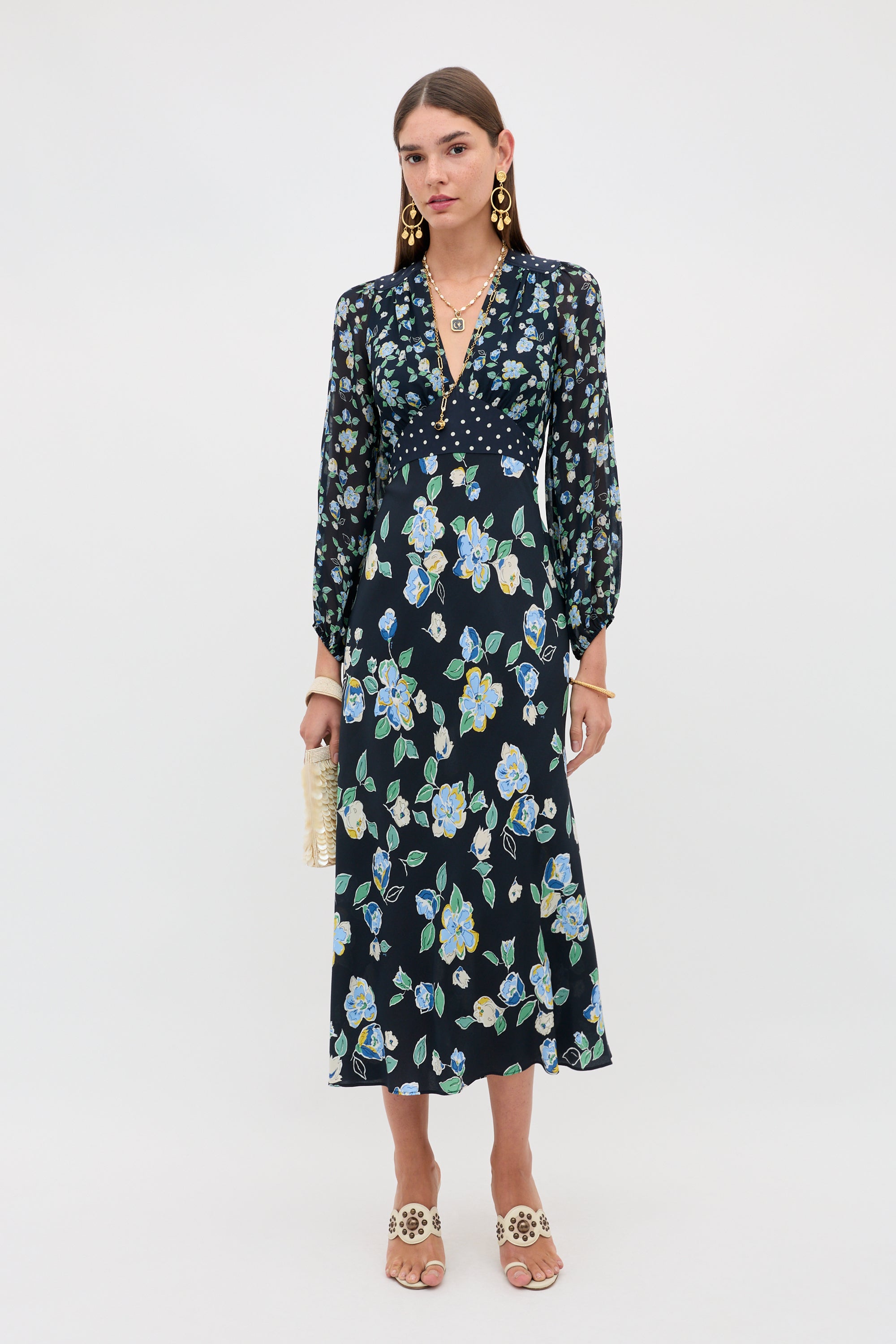 knee length dresses for ladies Farm Rio Chenille Flowers Black Midi Dress – Mode Sportif main image 1