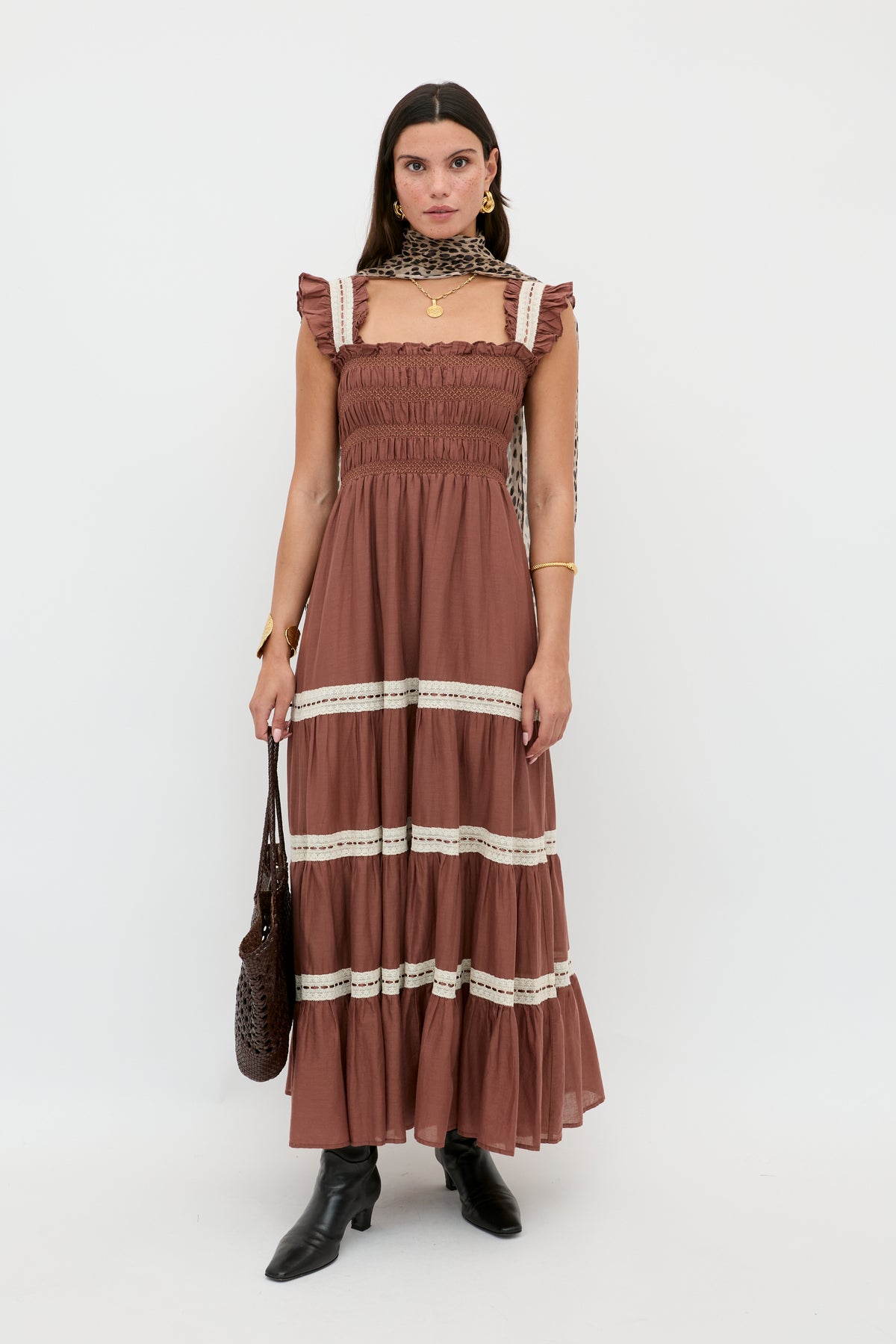 Aubrie Cotton Midi Dress in Brown | RIXO Aubrie Cotton Midi Dress in Brown | RIXO