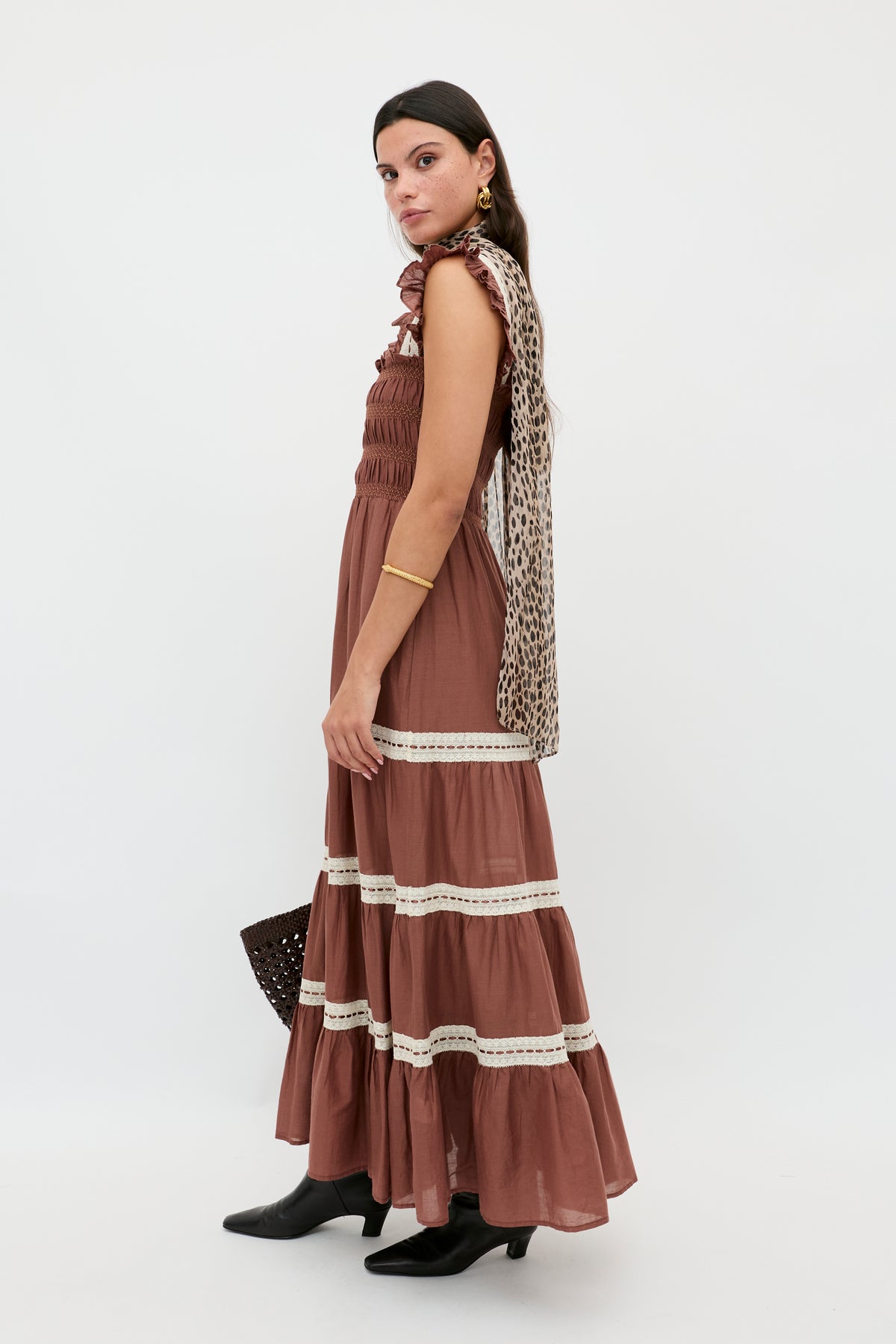 Aubrie Cotton Midi Dress in Brown | RIXO Aubrie Cotton Midi Dress in Brown | RIXO