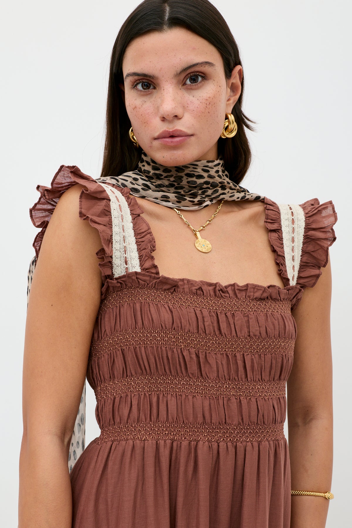 Aubrie Cotton Midi Dress in Brown | RIXO USA Aubrie Cotton Midi Dress in Brown | RIXO USA